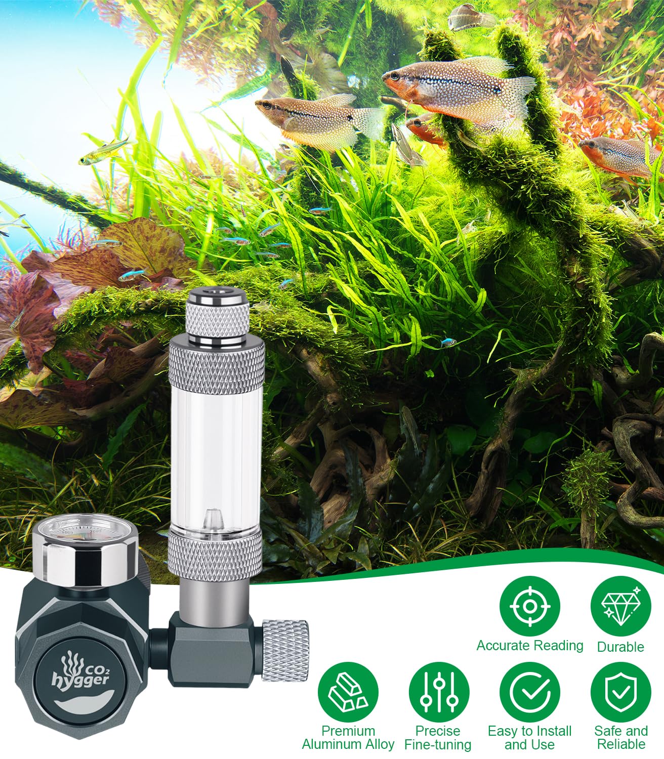 Regulador Hygger CO2 de tamaño compacto funciona con la mayoría de acuarios