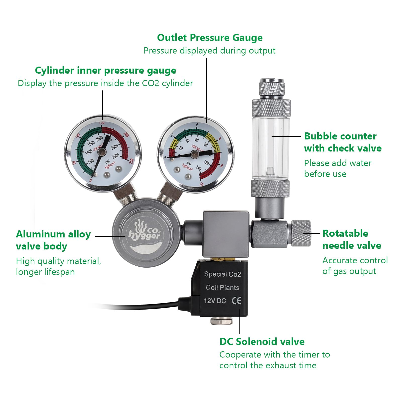 Válvula solenoide de 12V del Hygger CO2 Regulator para control automático.
