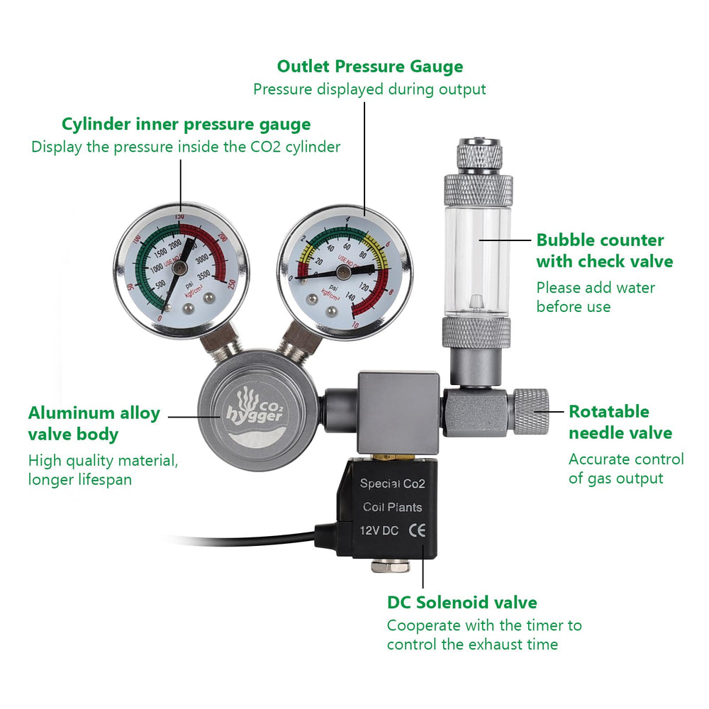 Válvula solenoide de 12V del Hygger CO2 Regulator para control automático.