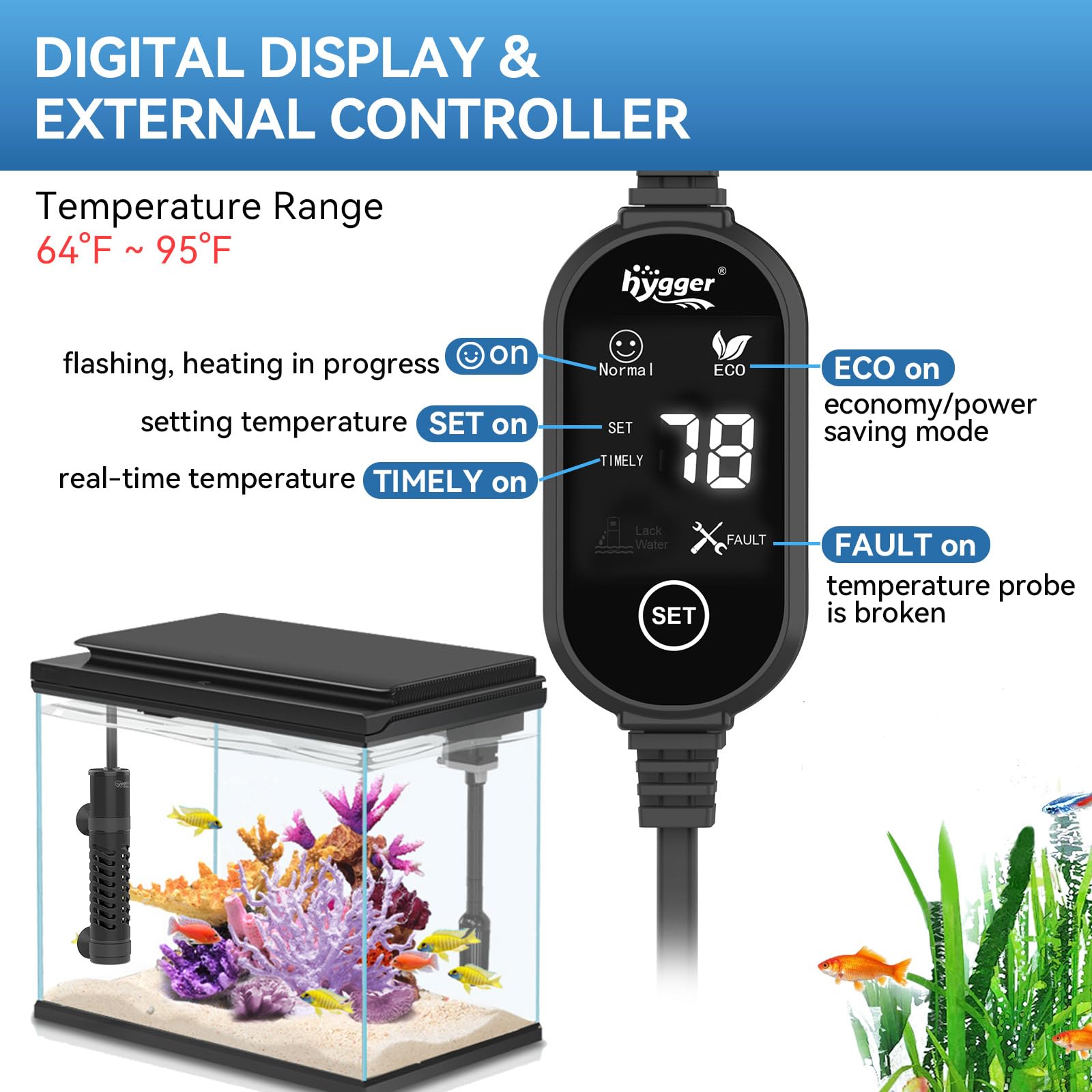 Control externo Hygger para regulación de temperatura con lectura en tiempo real.