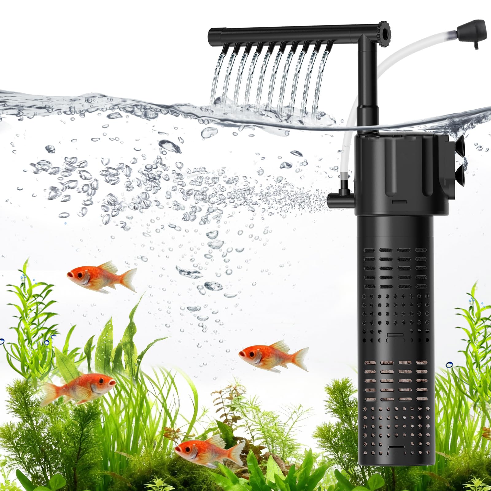 Hygger filtración interna de 80 GPH para acuarios pequeños y claros.