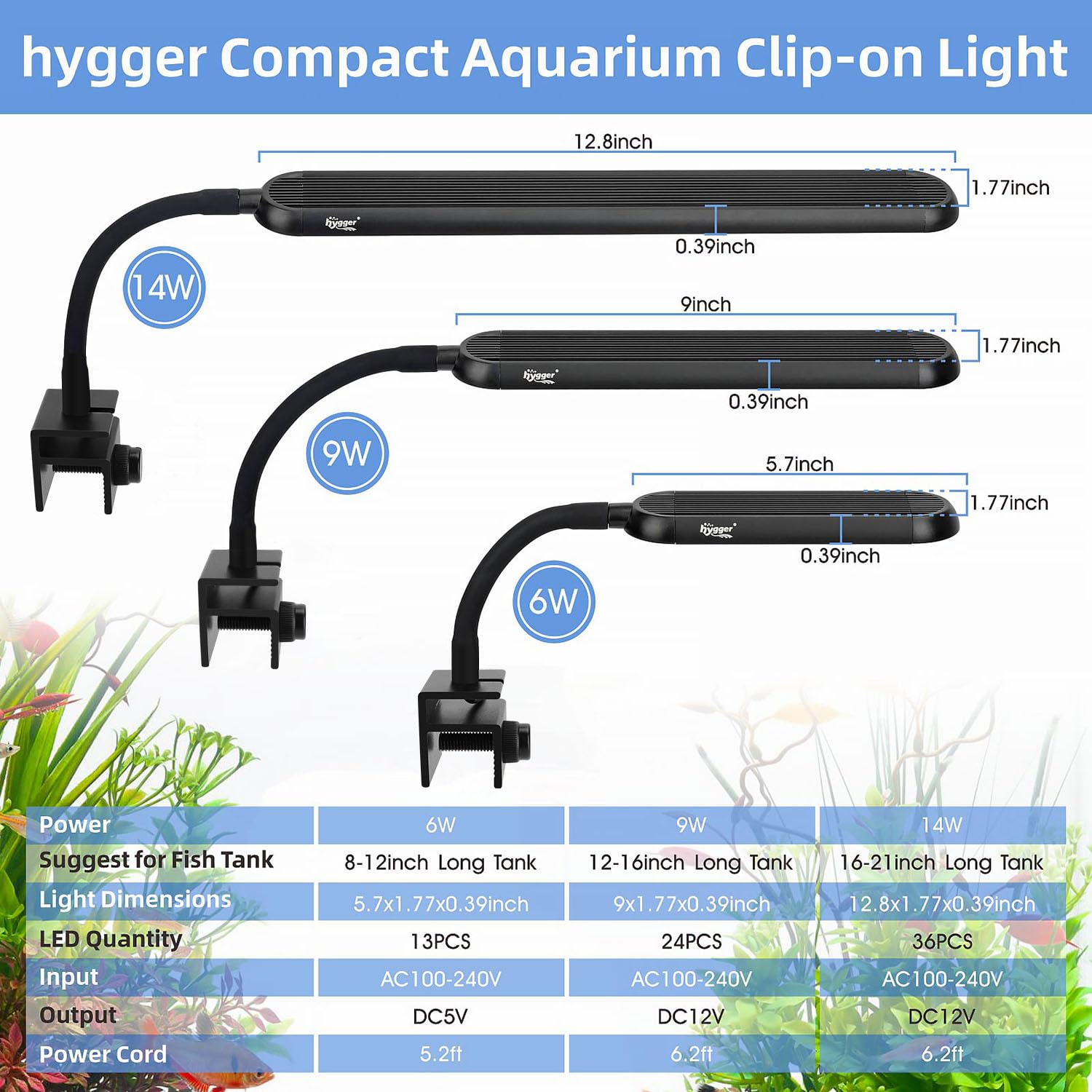 Alcance de iluminación de 21 pulgadas de hygger para tanques de 16 a 21 pulgadas.
