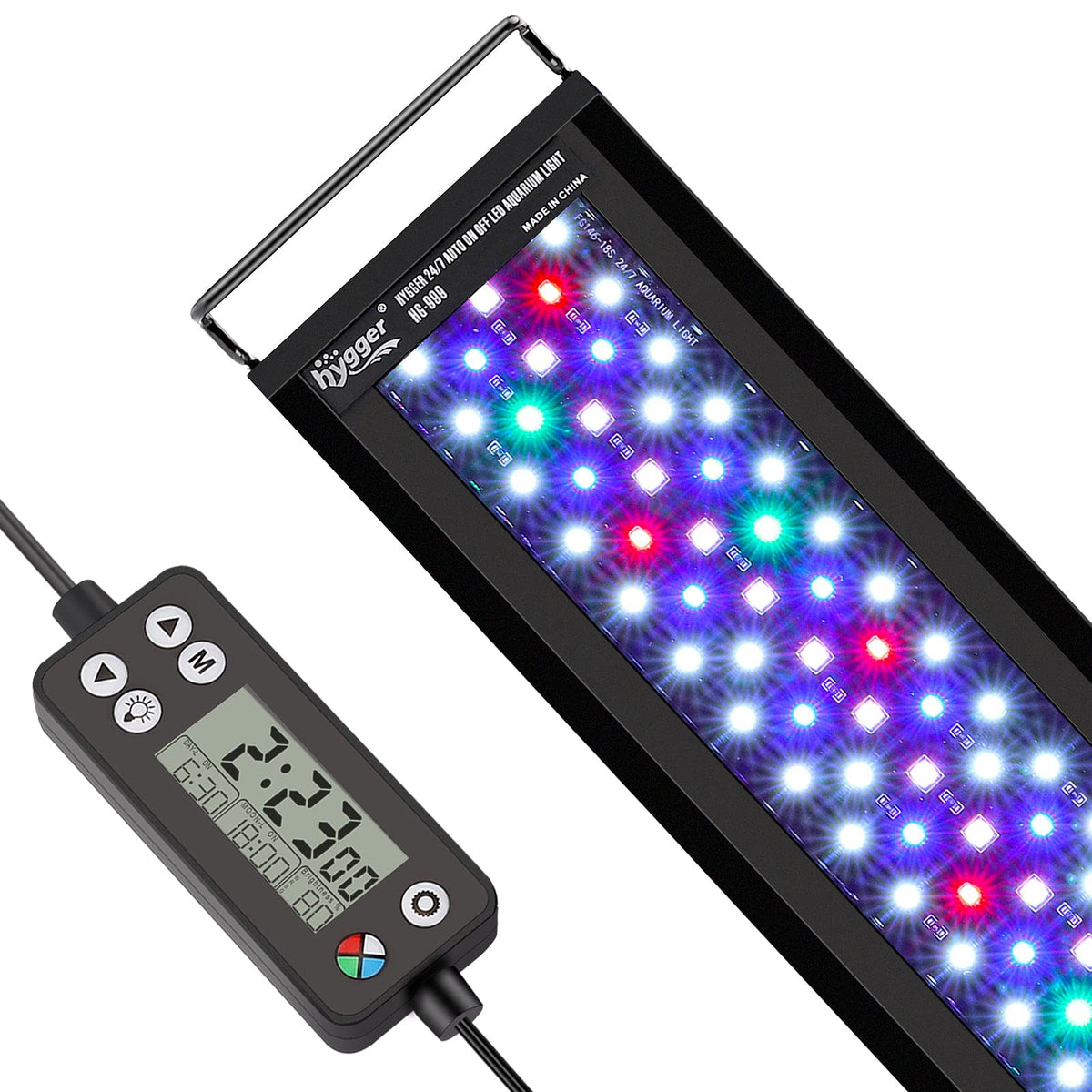 Luz Hygger frente al acuario con iluminación de espectro completo para plantas.
