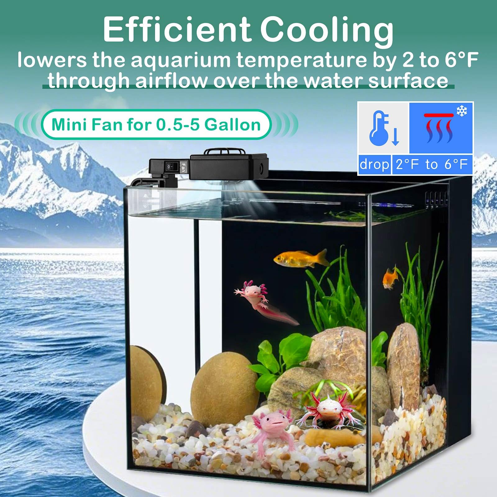 hygger mini-ventilador acuario en uso enfriamiento suave ronda del tanque.