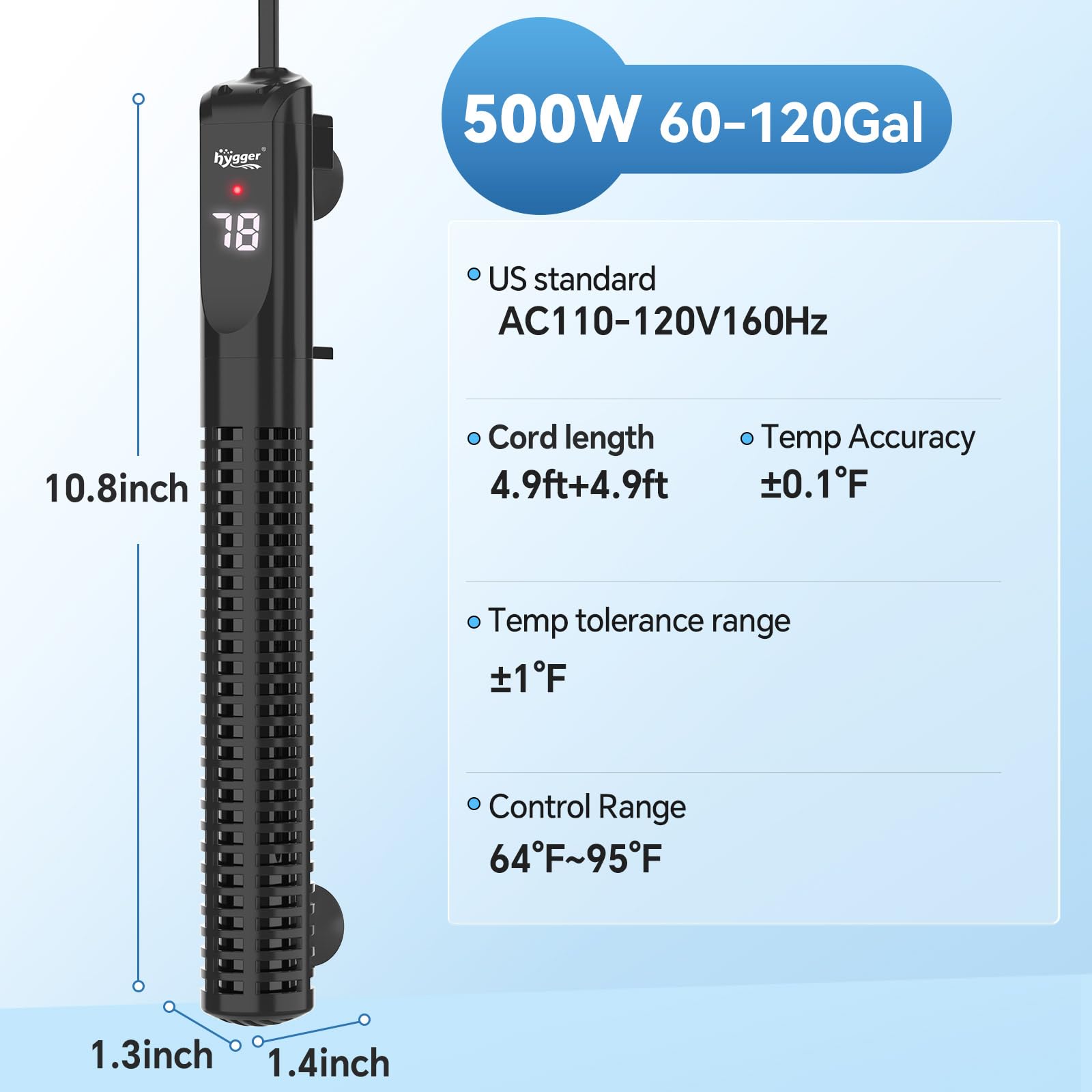Rango de temperatura de hygger 64-95 °F para acuarios de distintos tamaños.