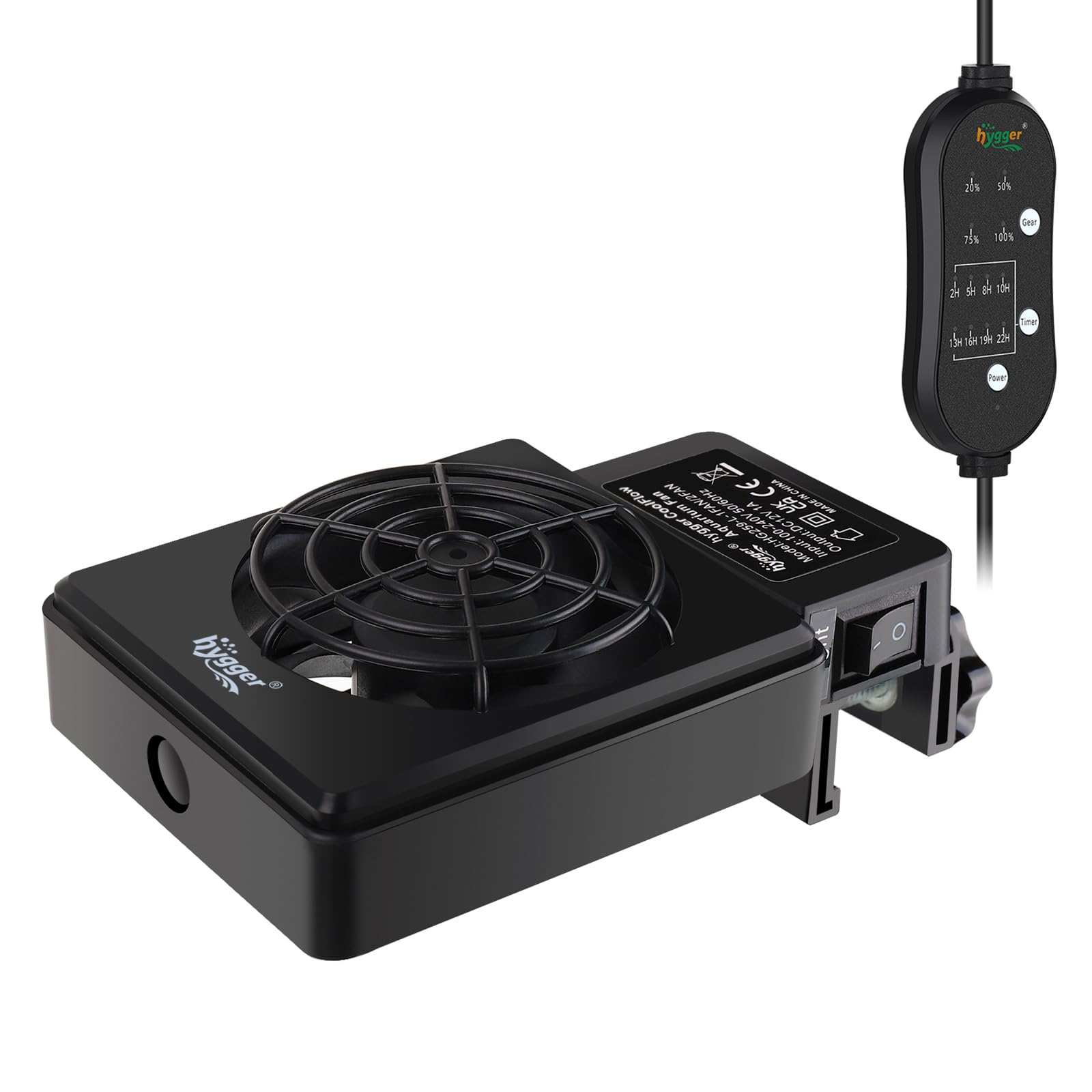 Hygger ventilador de enfriamiento para acuario, vista lateral, ayuda a controlar la temperatura.