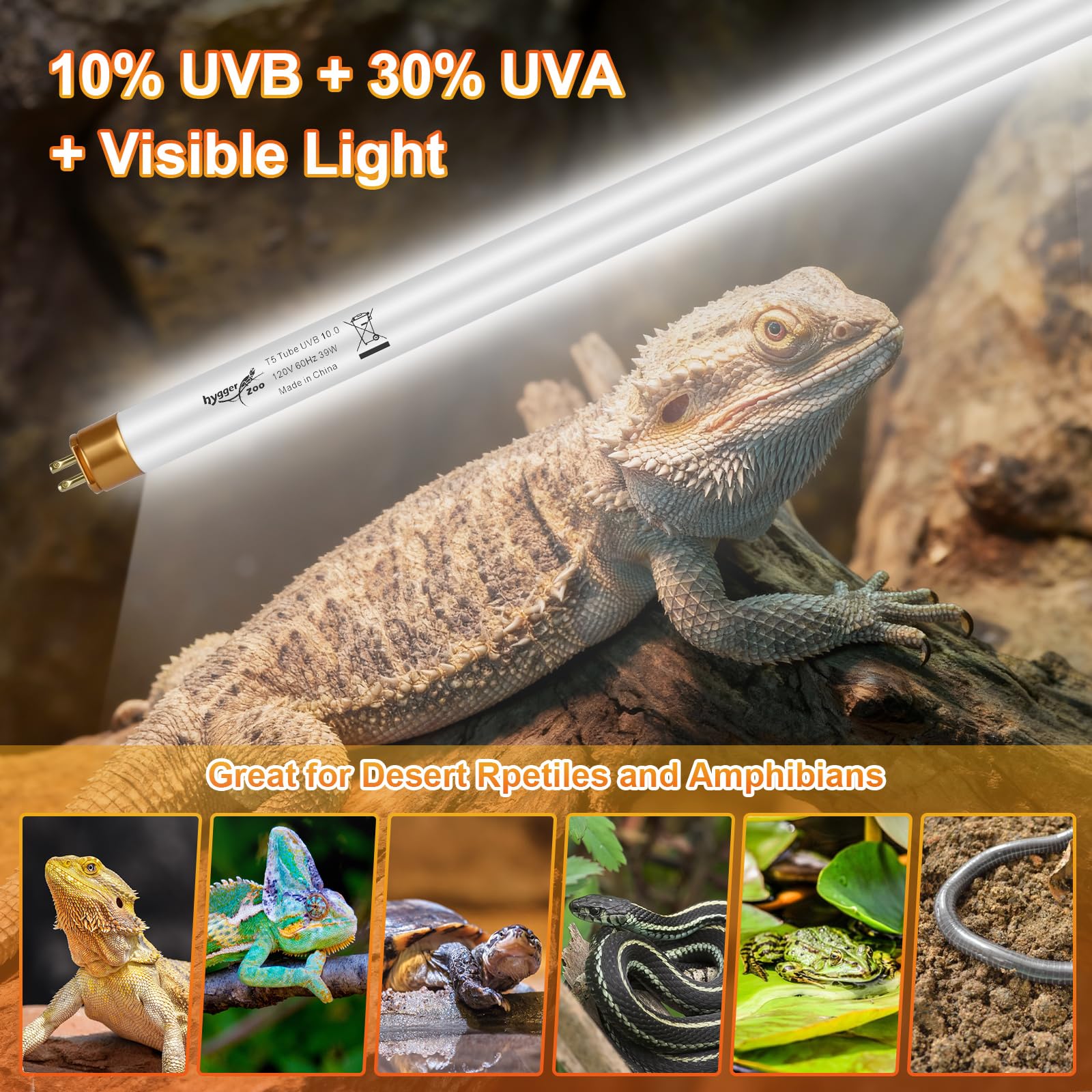 Hygger zoo T5 UVB, distribución de luz uniforme para todo el terrario.