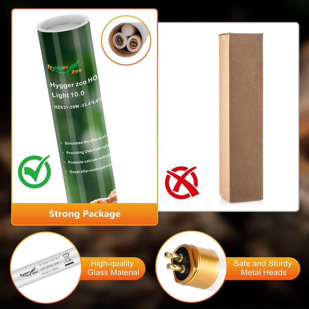 Hygger zoo T5 UVB, empaque robusto y listo para almacenamiento.