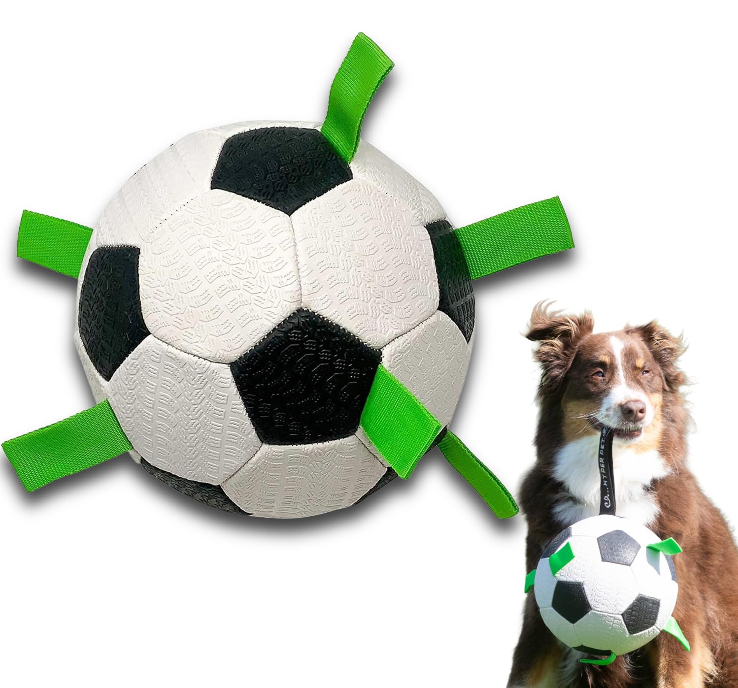 Balón Hyper Pet Grab Tabs para perros con correas, ideal para juego interactivo en casa.