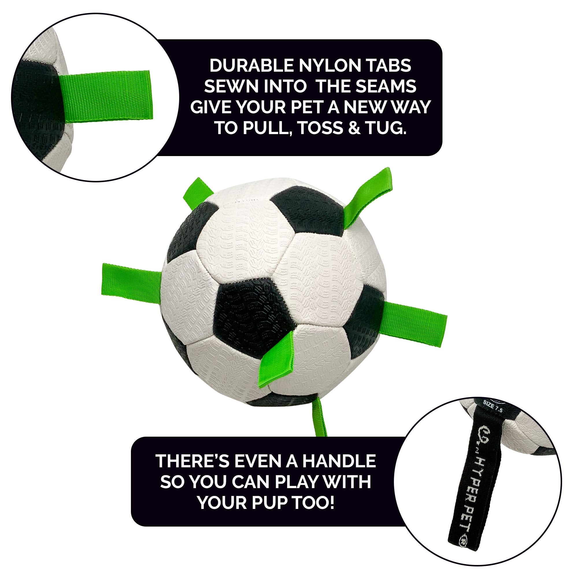Balón Hyper Pet Grab Tabs, realizado con materiales reciclados y duradero.