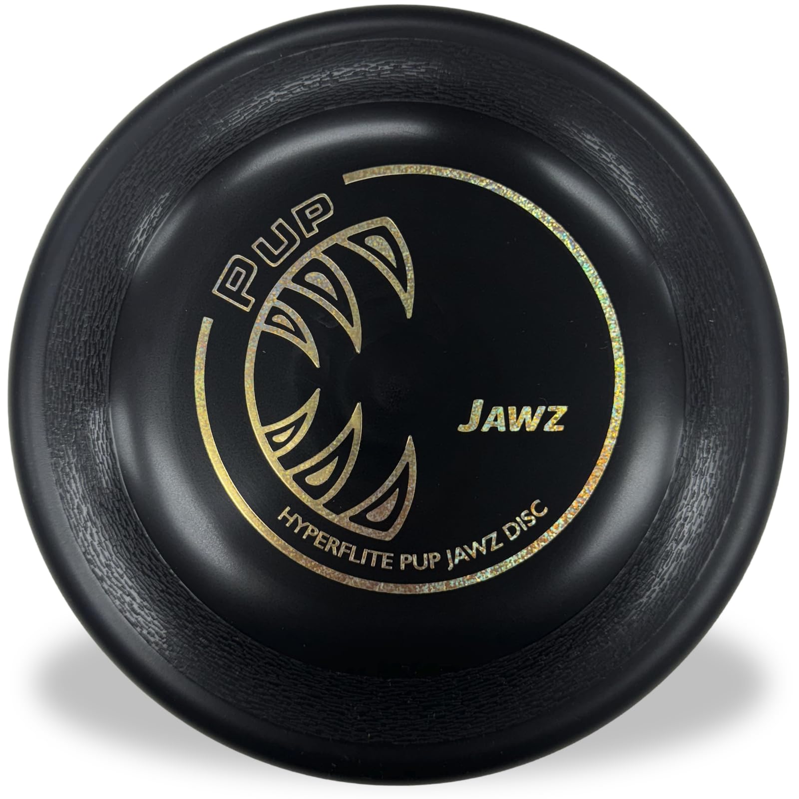Hyperflite Pup Jawz disco negro en primer plano listo para juego activo.