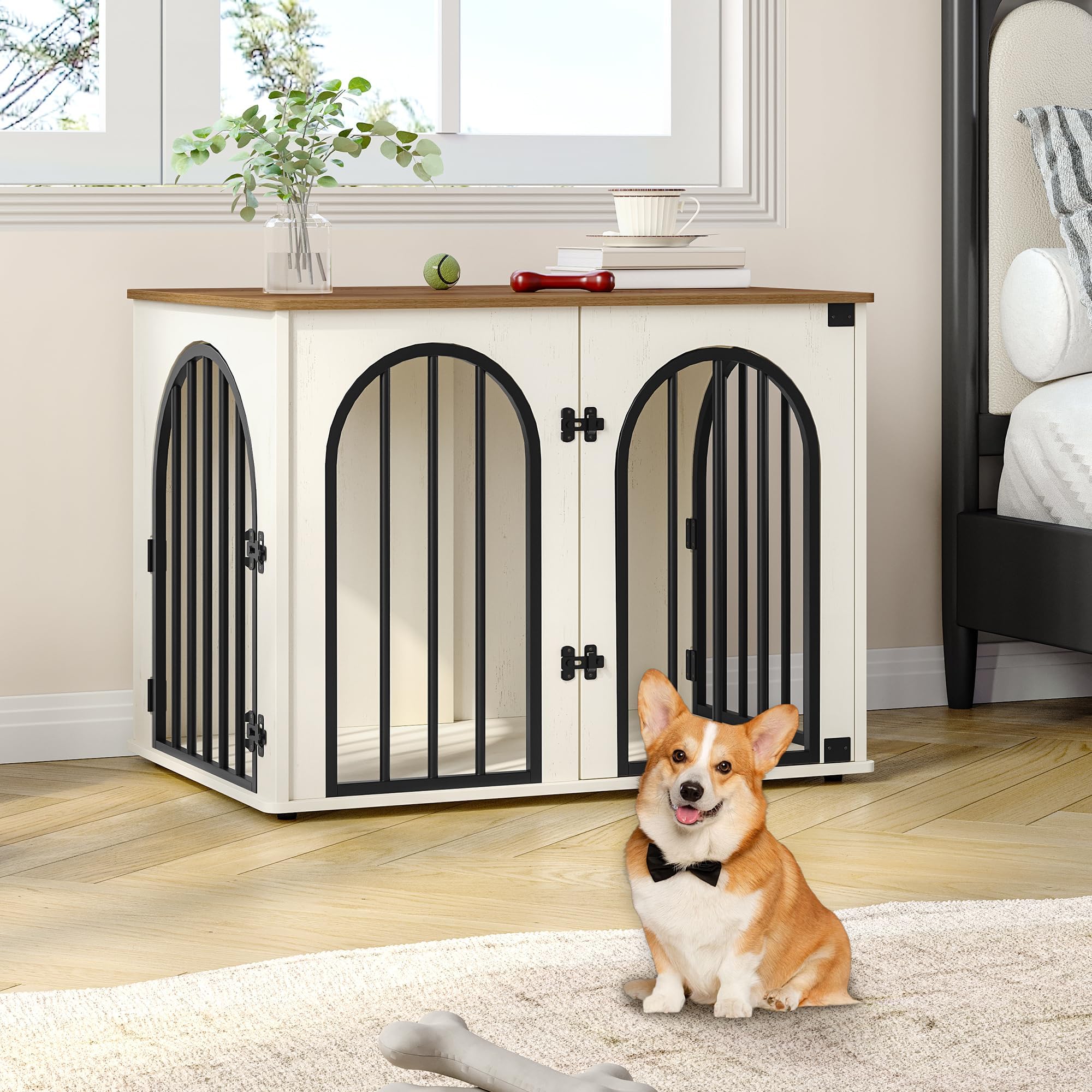 Hzuaneri caja perro madera 31-5 pulgadas frente puertas dobles: acceso cómodo para la mascota.