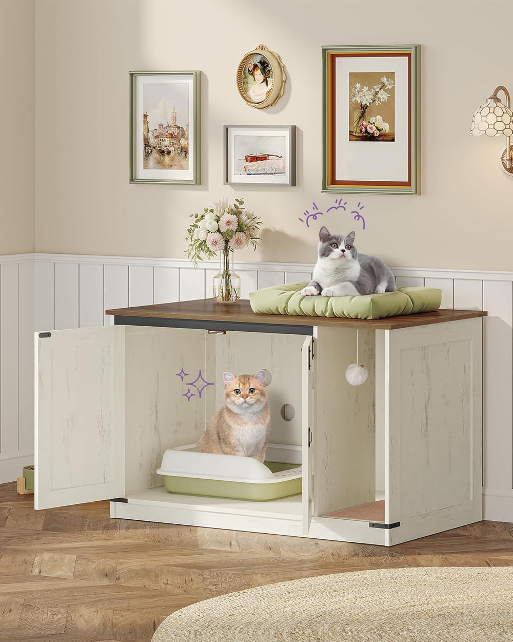 Casa oculta para gato Hzuaneri, interior con tapete para evitar salpicaduras de arena