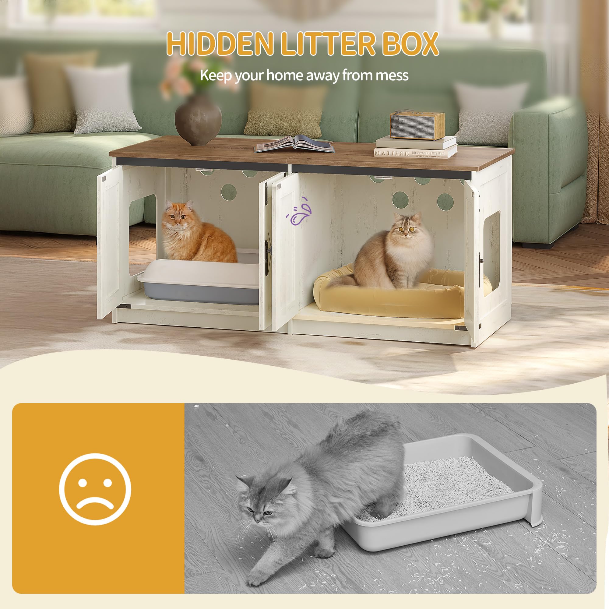 Detalle de doble habitación para arena, evita interferencias entre gatos