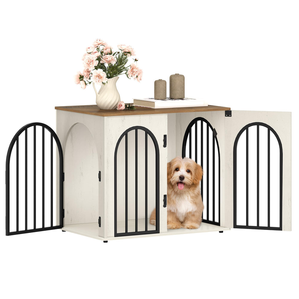 Jaula Hzuaneri para perros de madera, vista frontal, estructura sólida para razas pequeñas.