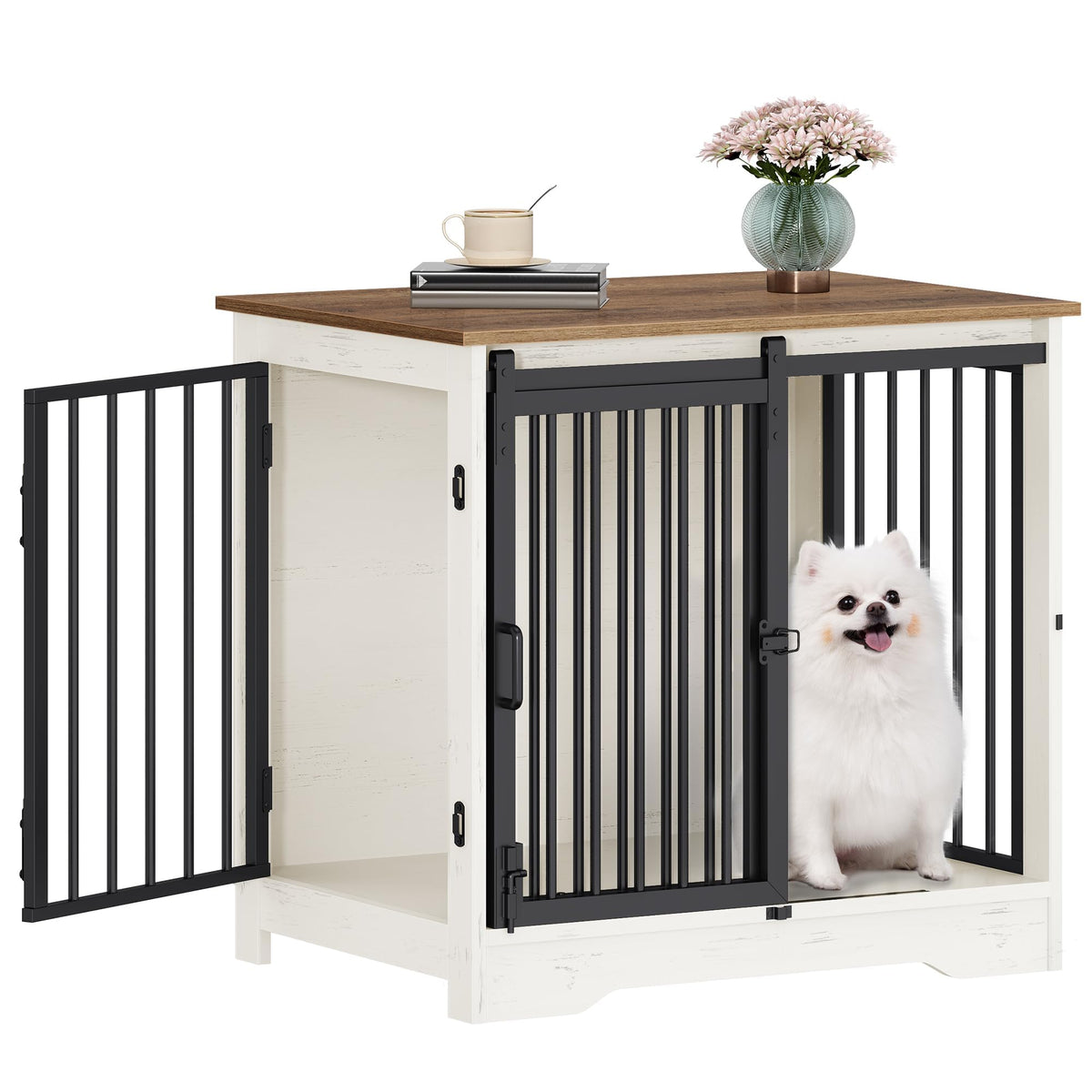 Jaula para perro Hzuaneri integrada como mueble en sala, refugio cómodo para tu mascota.
