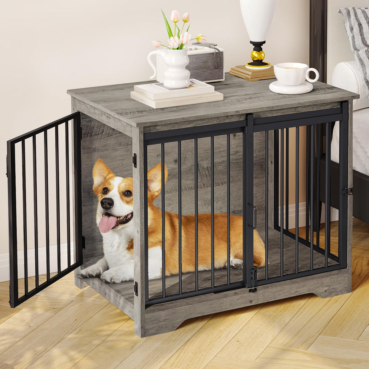 Hzuaneri jaula para perro con puerta tipo granero, ideal para ahorrar espacio en la sala.