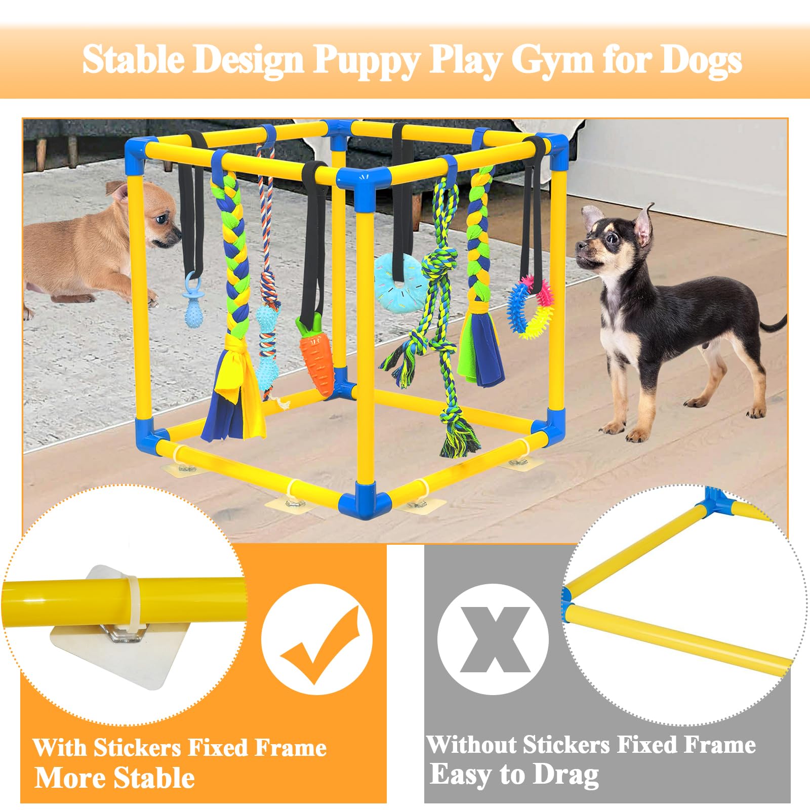 IAIGOGO Puppy Play Gym correa elástica ajustable para altura y estabilidad.