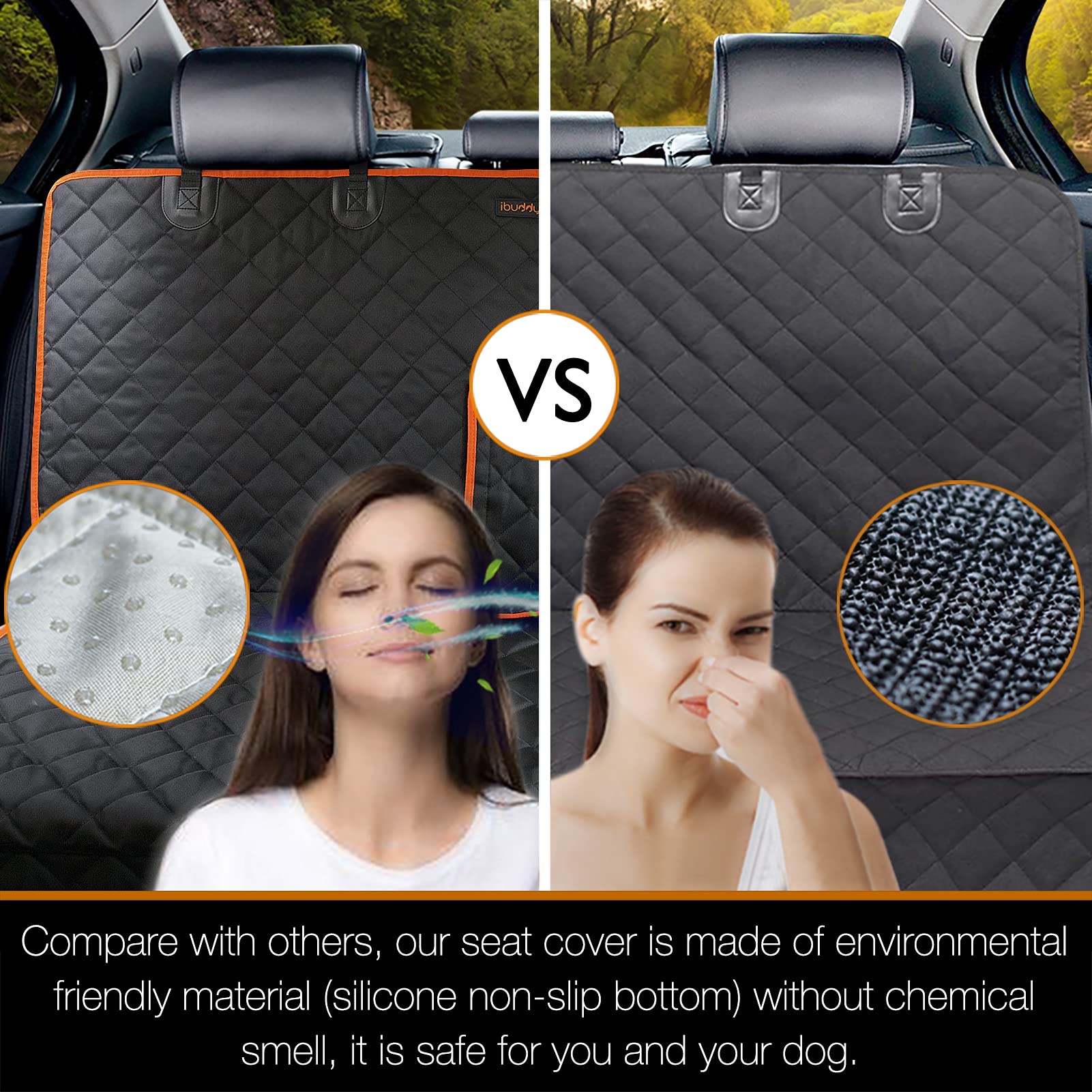 iBuddy protector asiento trasero antideslizante mantiene niños y mascotas seguros.