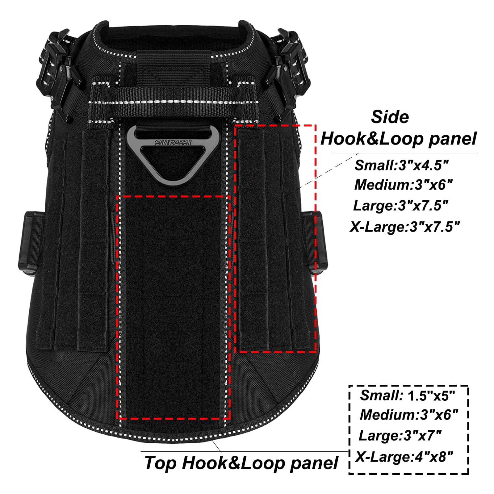 Arnés ICEFANG con panel Velcro frontal para parches y personalización.