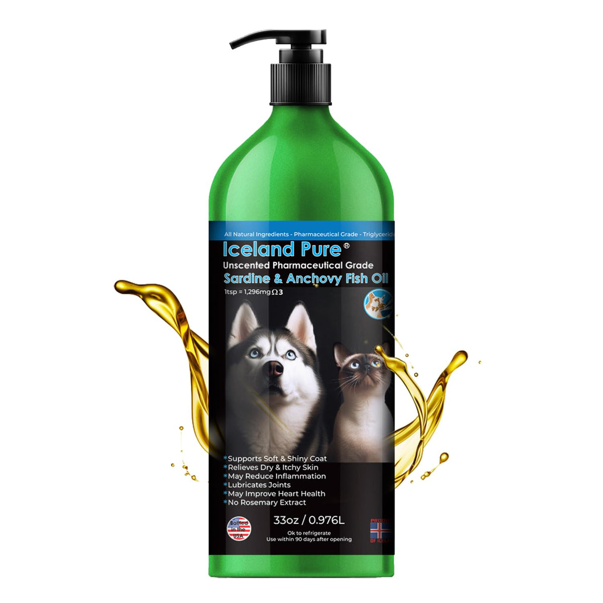 Iceland Pure Sardina Anchova Oil: botella con bomba para dosis precisas.