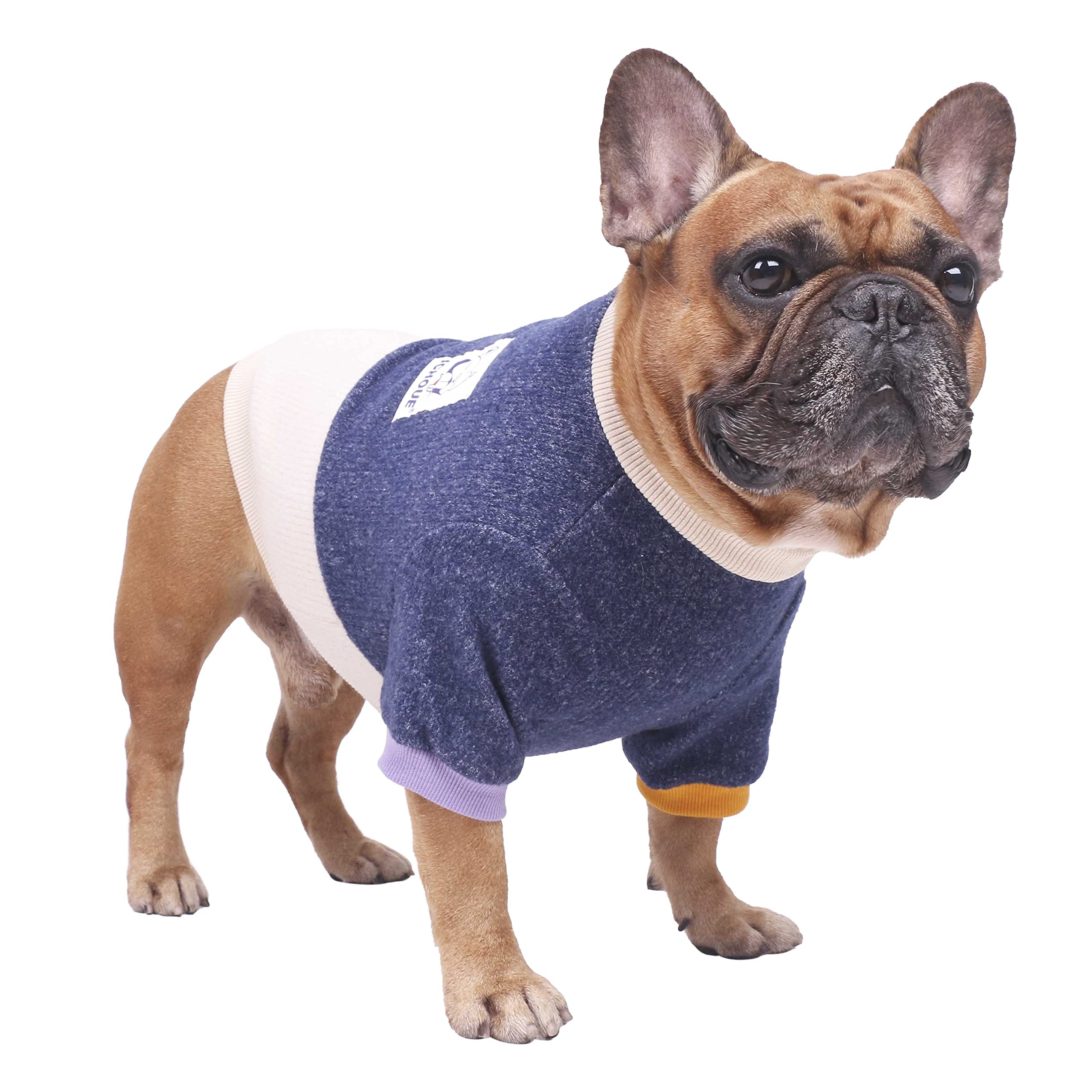 iChoue sudadera para perro con bloque de color azul marino y beige, ideal para paseos.