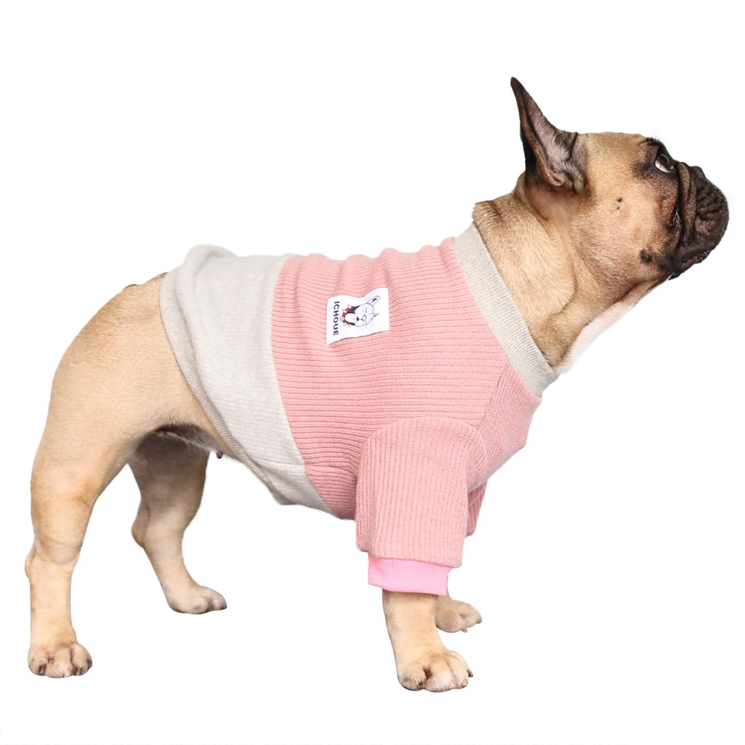 iChoue suéter para perro con cuello redondo rosa gris, cómodo para paseos invernales.