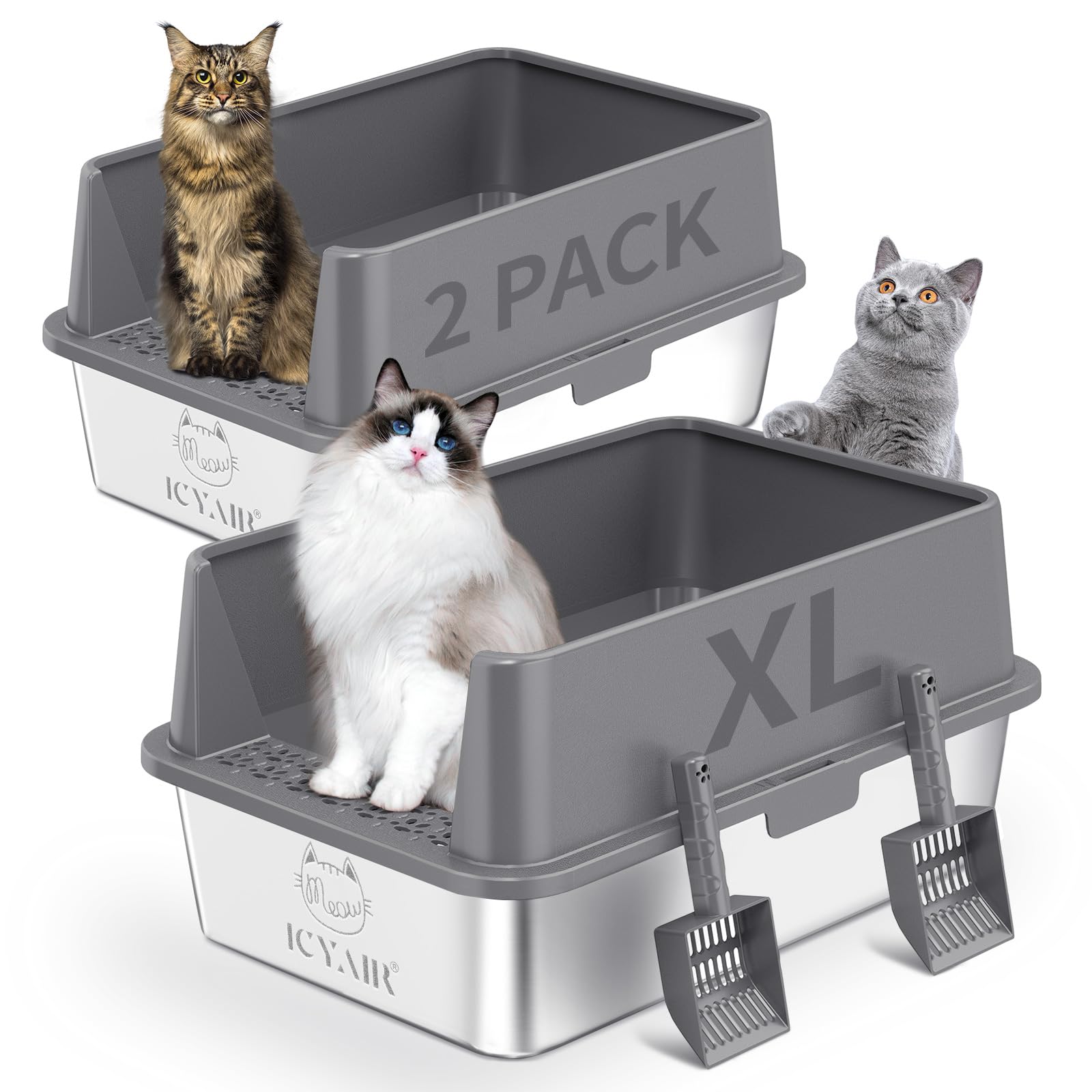 ICYAIR dos cajas de arena para gatos en acero inoxidable con bordes altos para evitar derrames.
