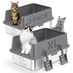 ICYAIR dos cajas de arena para gatos en acero inoxidable con bordes altos para evitar derrames.