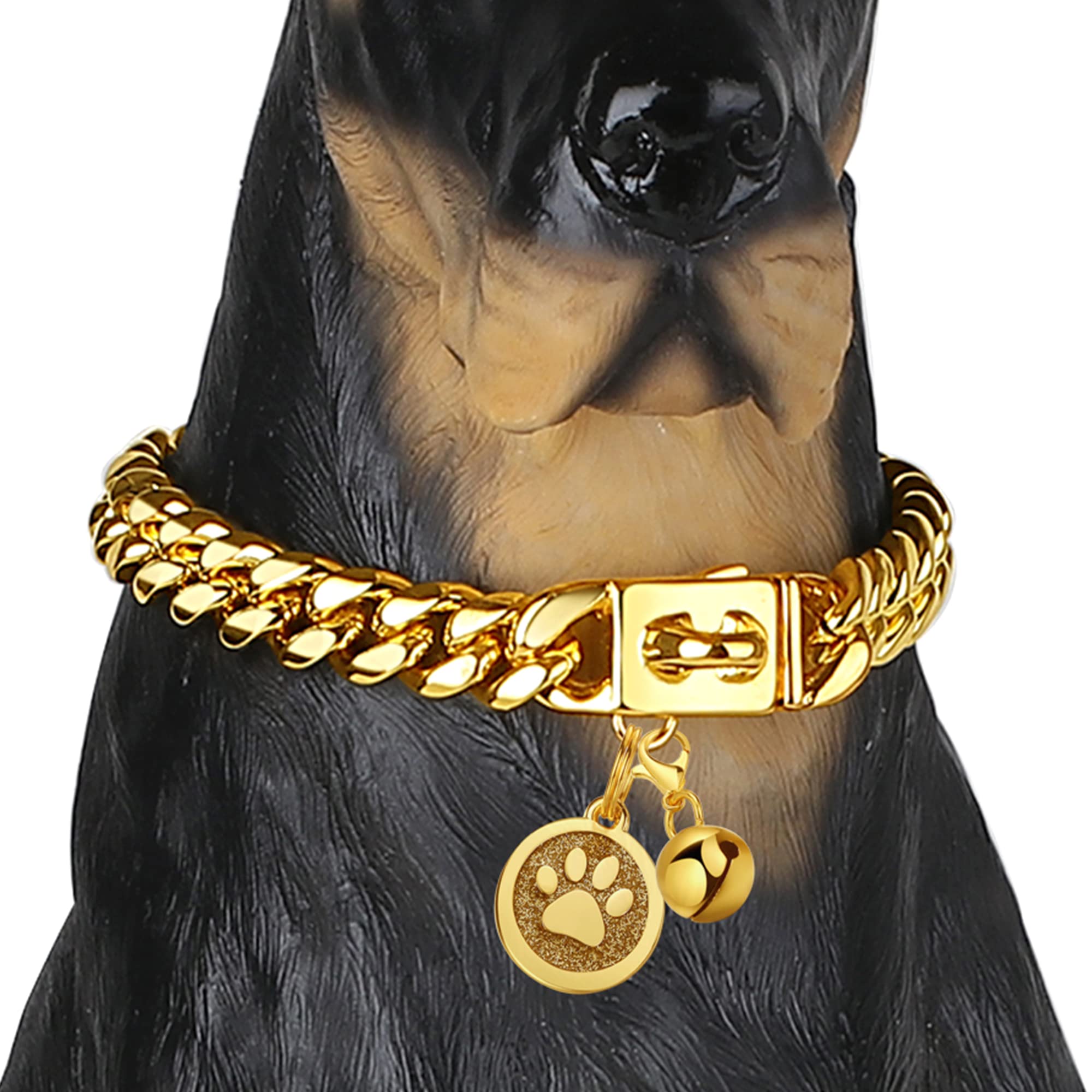 iDofas collar cadena cubana con hebilla y campana, aspecto distinguido para paseos