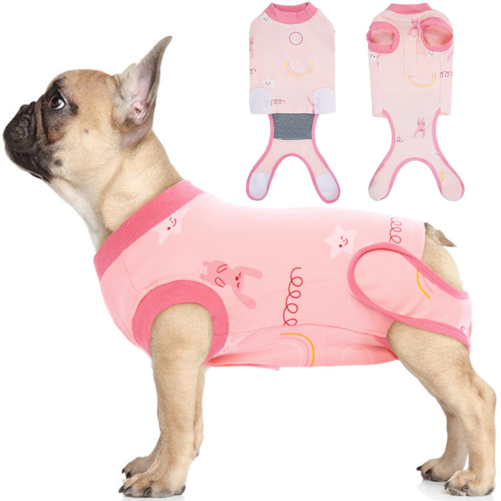 IDOMIK traje recuperación para perro femenino, vista frontal, protege herida abdominál y favorece movilidad.