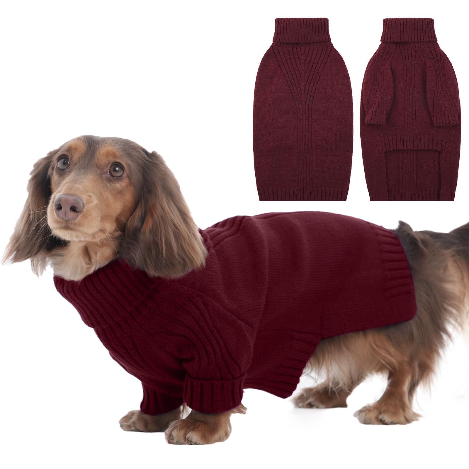 IECOii suéter dachshund cuello alto en burgundy, ideal para abrigar al aire libre
