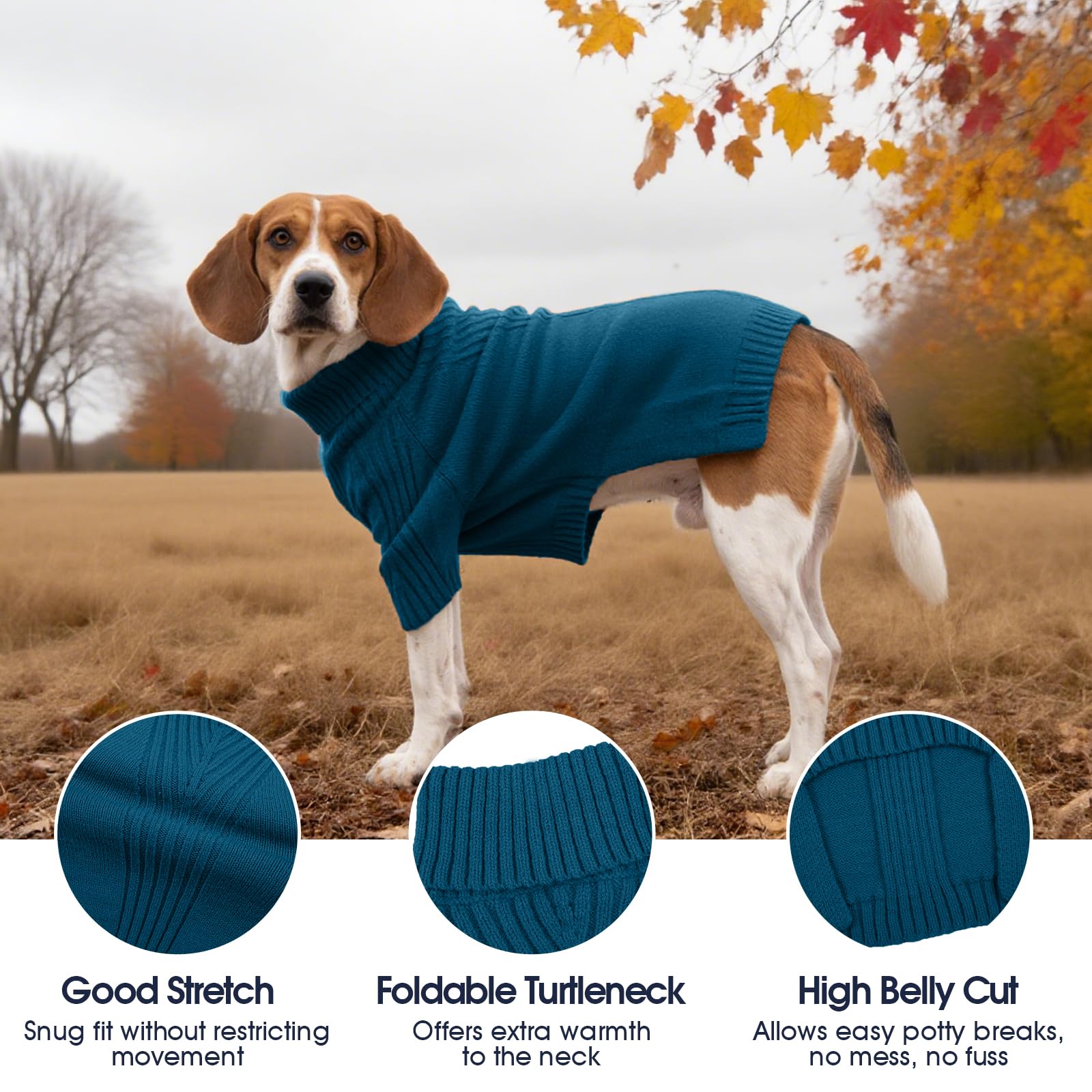 IECOii suéter con mangas azul pavo real para perro mediano, mangas visibles, fácil de poner.
