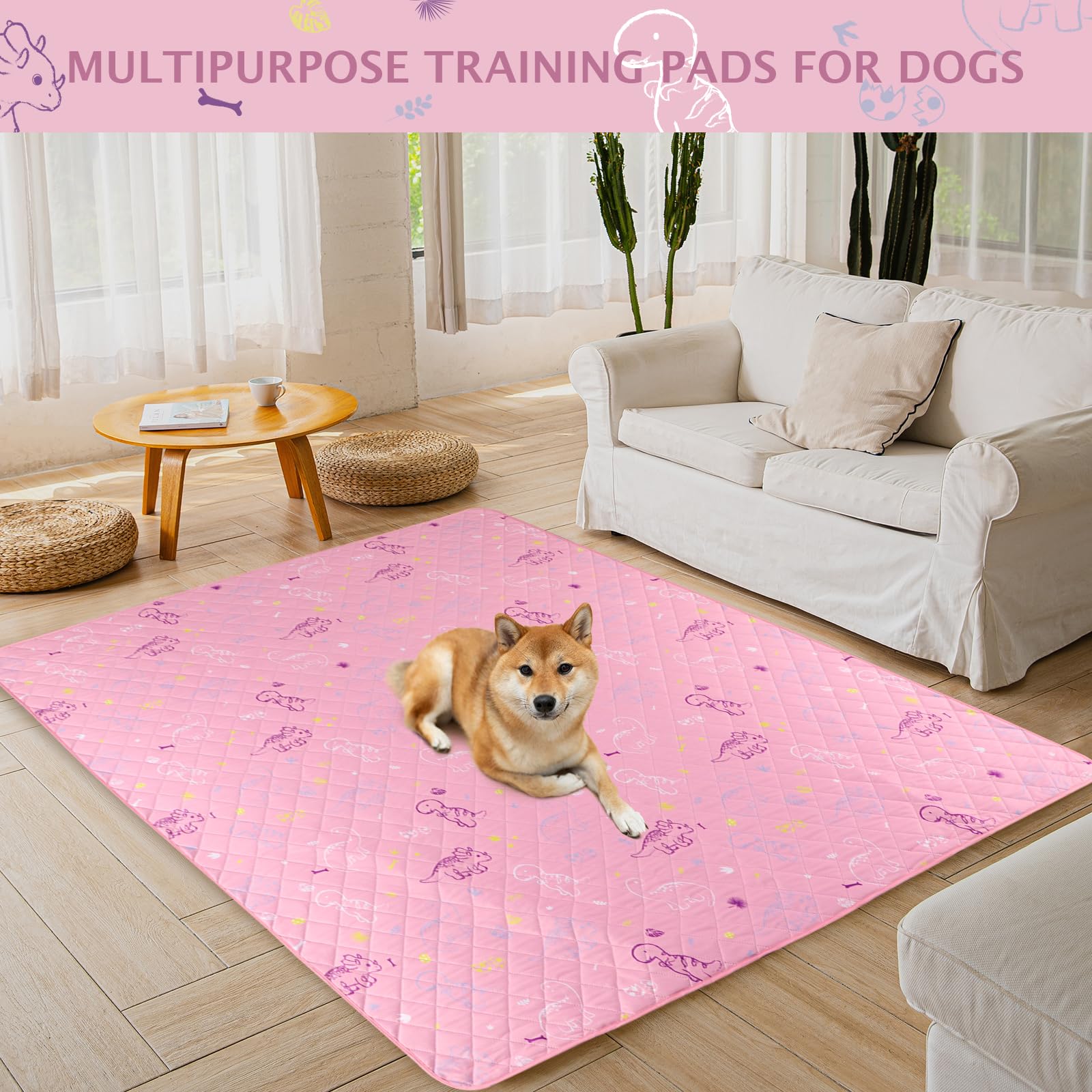 Detalle del dinosaurio rosa en la alfombrilla para perro IEUUMLER.