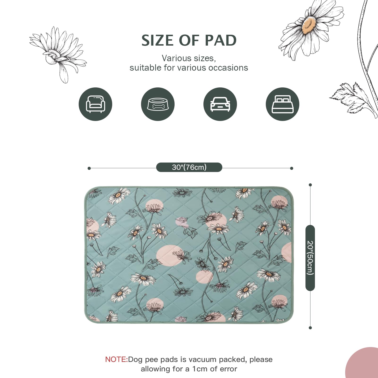 Paquete de dos almohadillas para perros 30x20 Daisy verde.