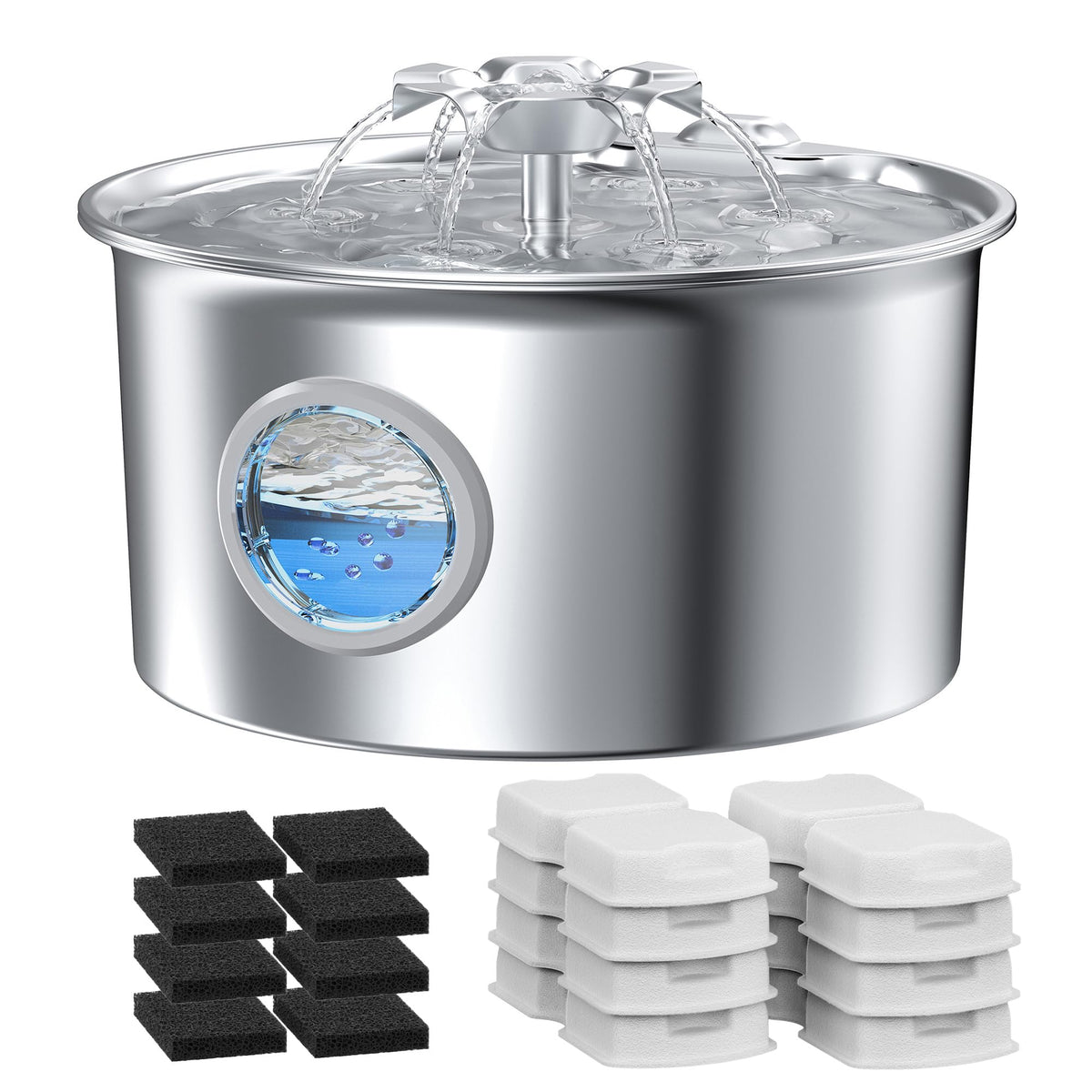 IHOUONE fuente de agua para gatos en acero inoxidable, duradera y segura para uso diario.