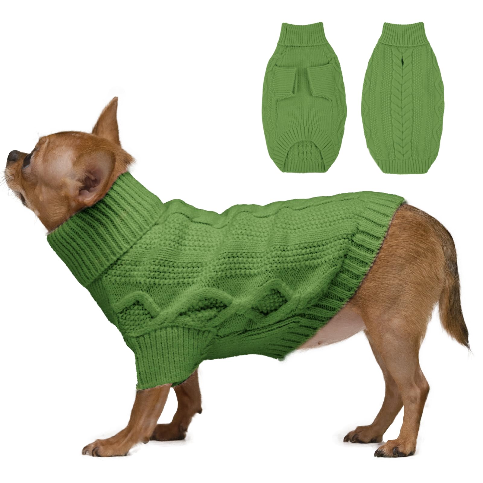 IKIPUKO suéter para mascota con cuello alto verde, vista frontal cálida para paseos.