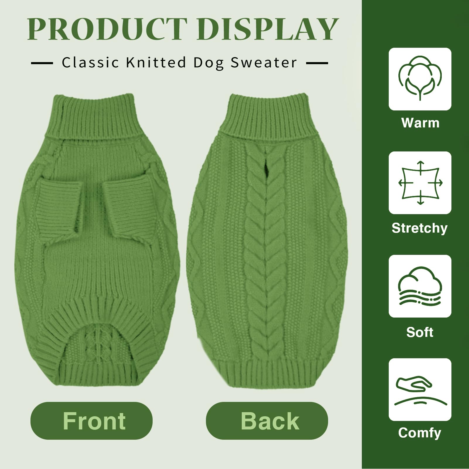 IKIPUKO suéter verde, detalle tejido trenzado, sensación elegante y cálida.
