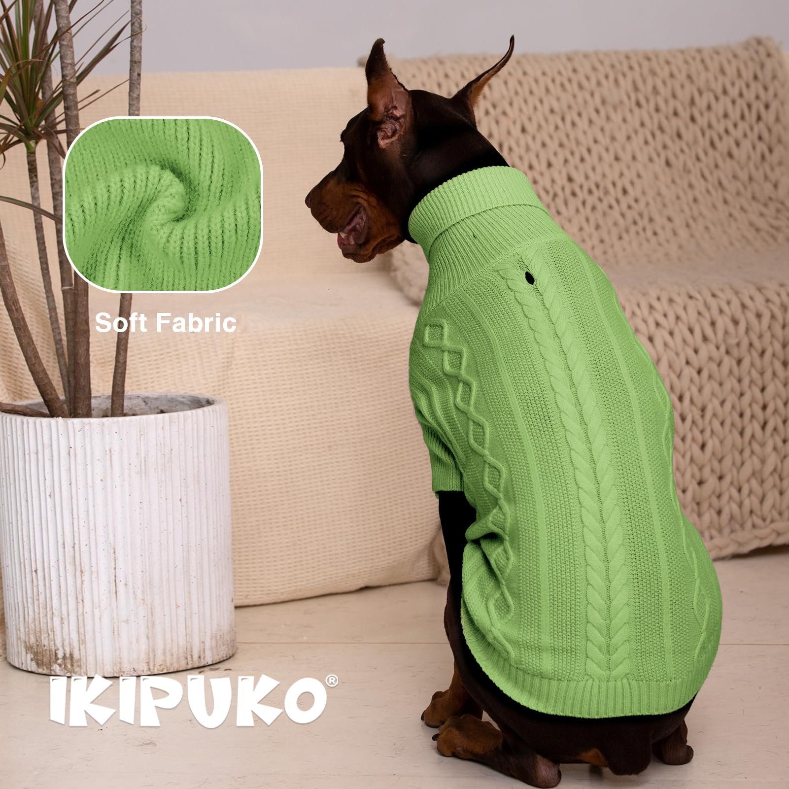 IKIPUKO suéter verde, vista lateral, cómodo para uso diario.