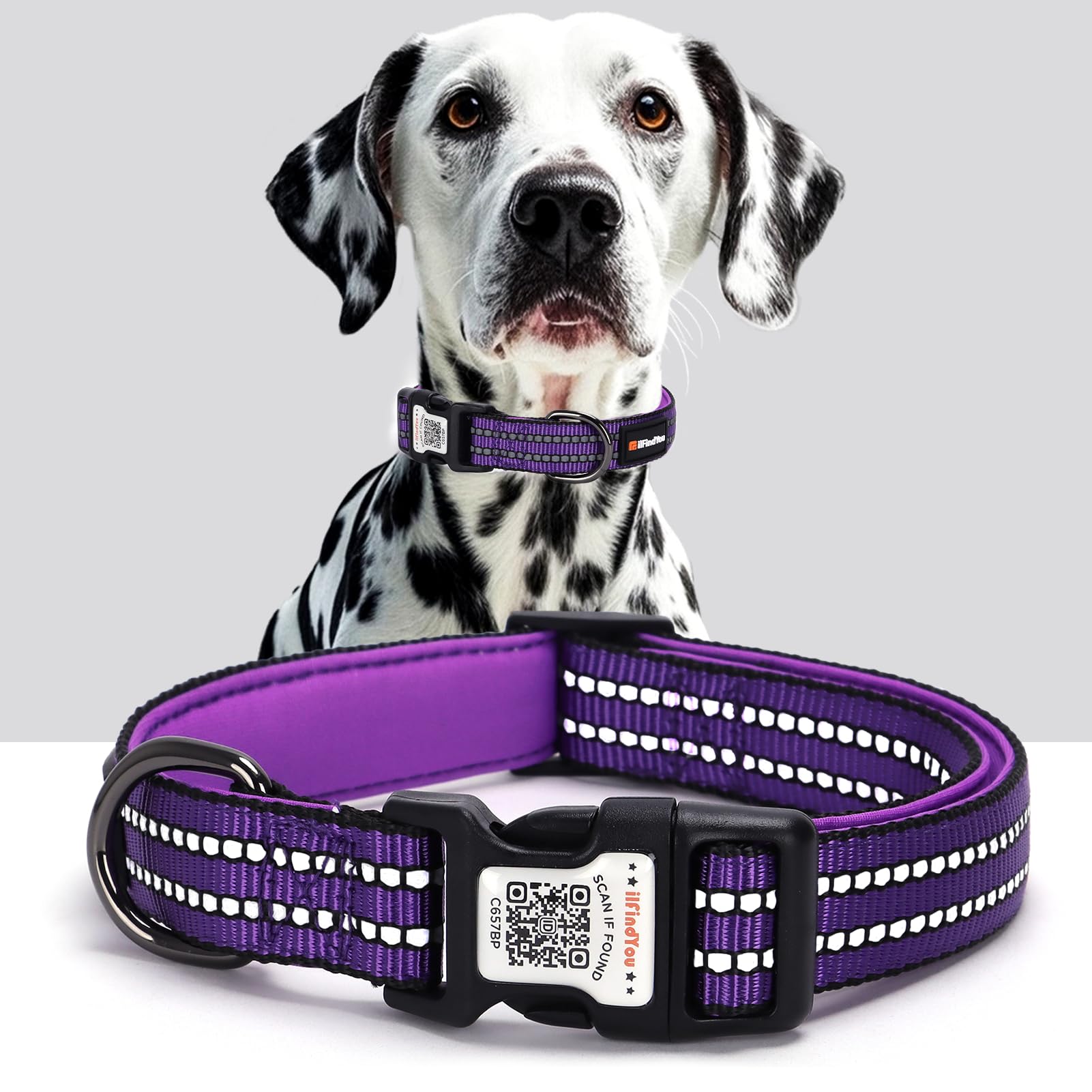 ILFINDYOU collar perro reflectivo con etiqueta QR para visibilidad nocturna.