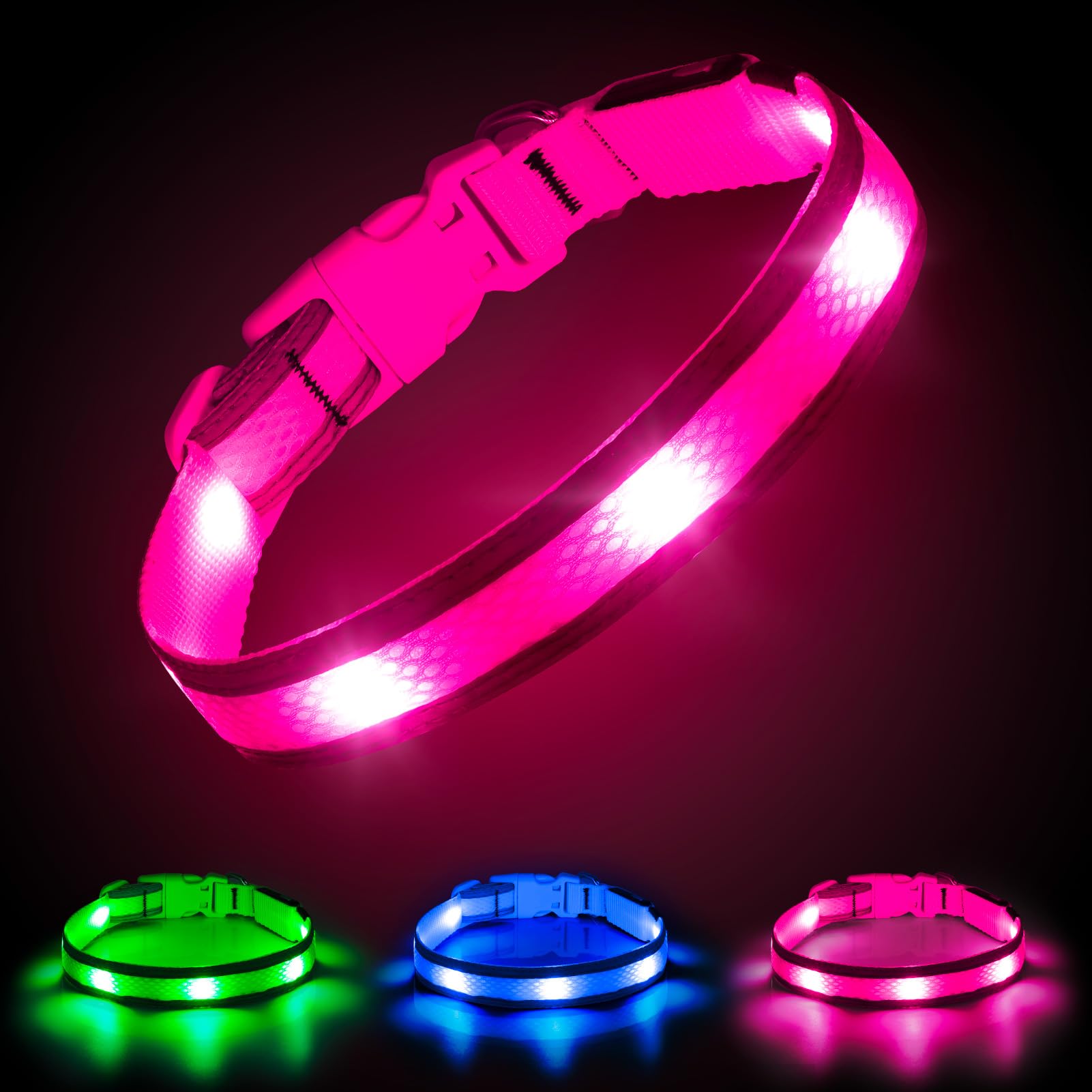 Illumifun collar LED para perro rosado claro, mayor visibilidad nocturna para paseos.