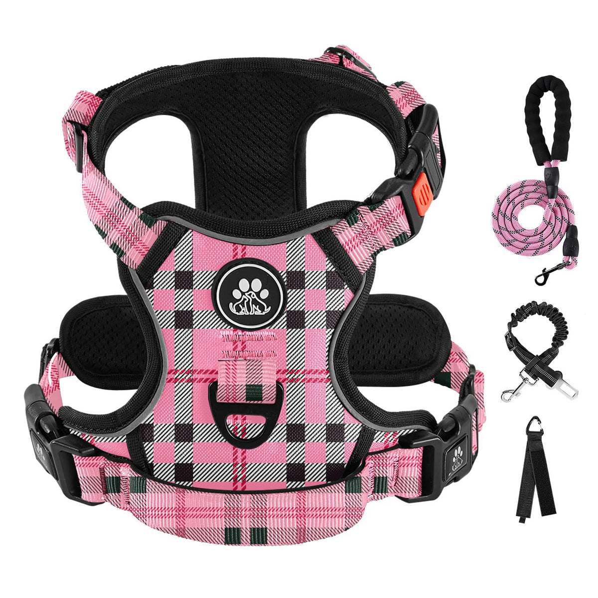 IVY&LANE Arnés para Perro Sin Tirones XL con Correa – Rosa a Cuadros