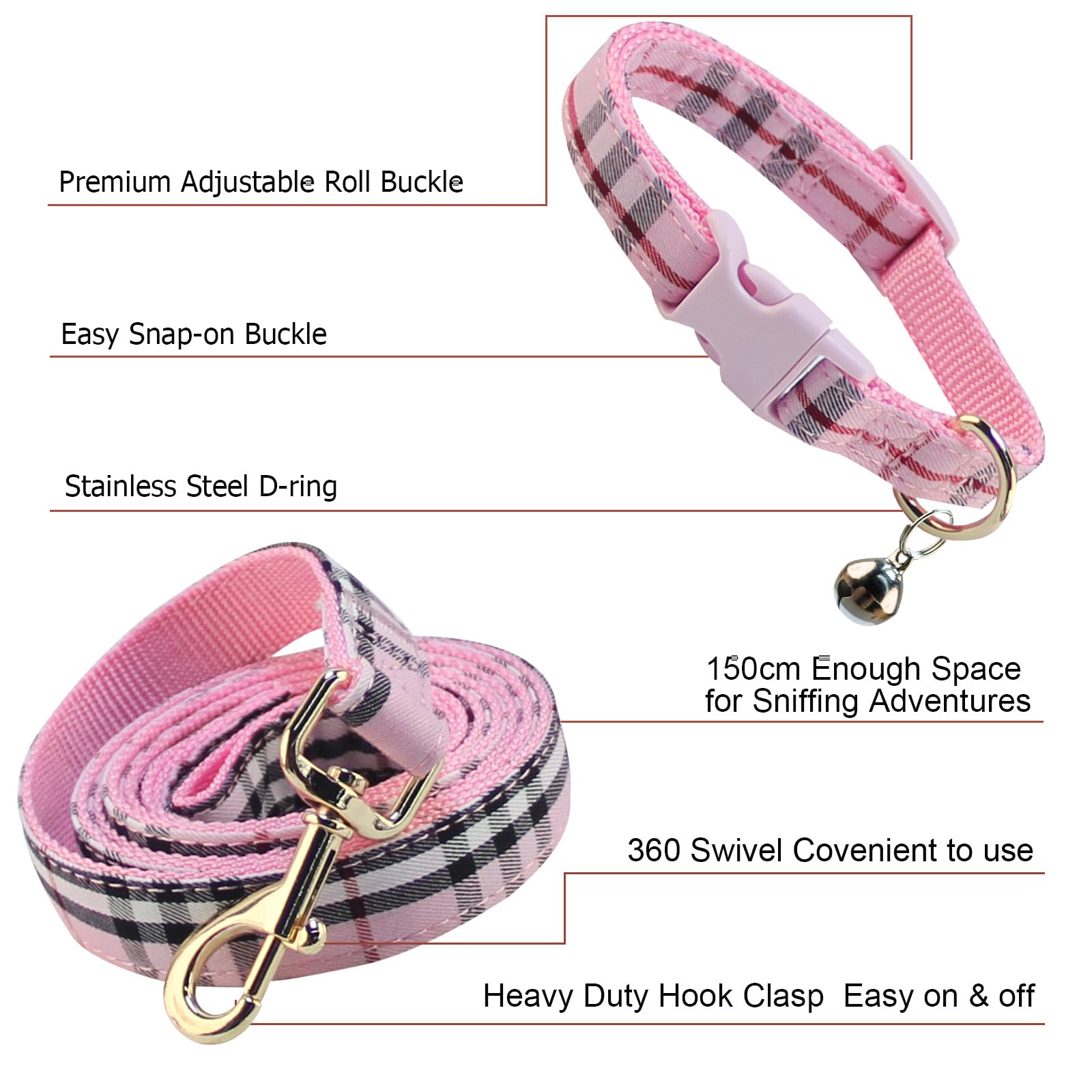 NISIYE Cute Plaid Dog Collar Harness and Leash with Safety Buckle - Adjustable and No Pull Comfortable Dog Collars for Small Puppy, Stylish Durable Gift for Boy Girl Pets