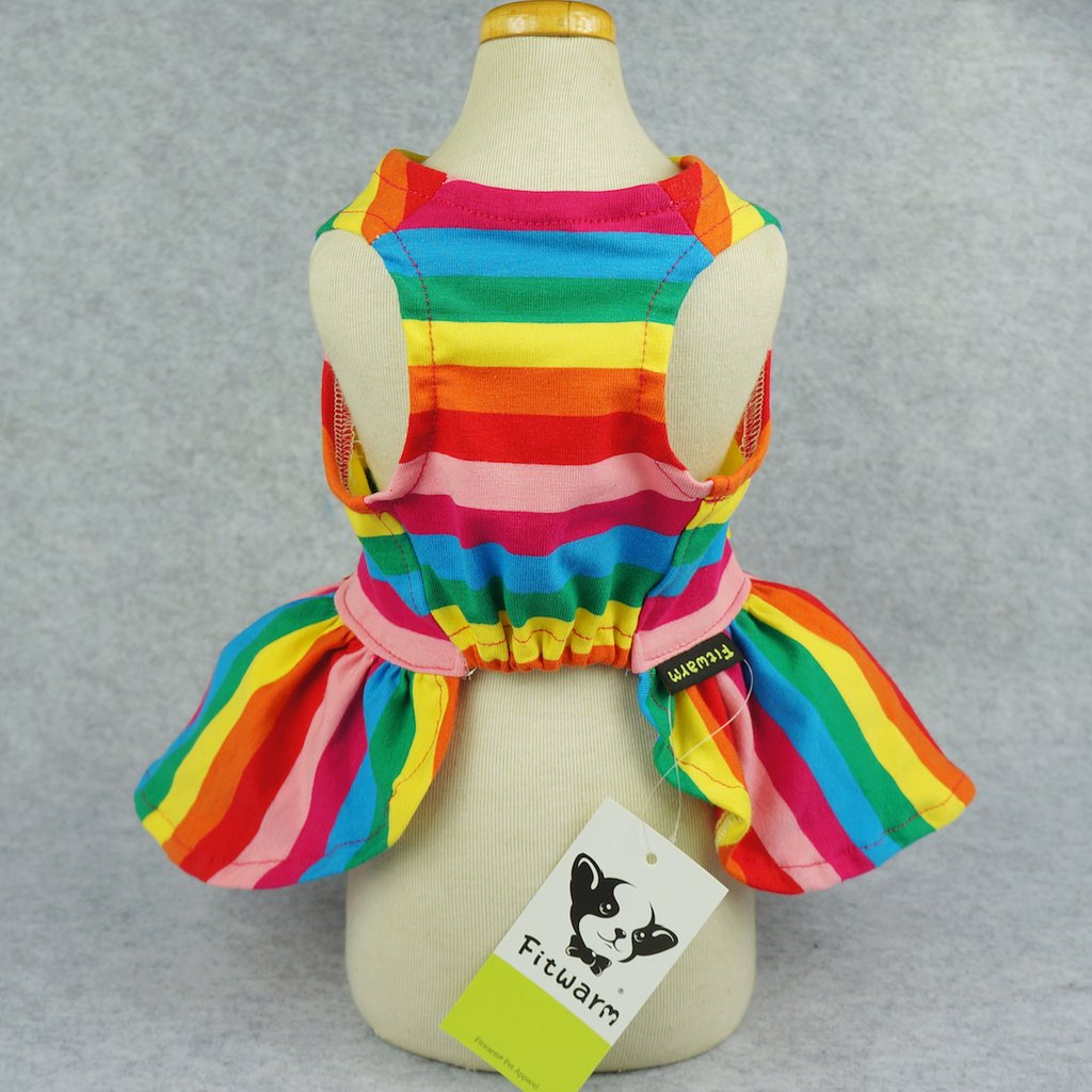 Fitwarm Rainbow Striped Dog Dress, Summer Dog Clothes for Small Dogs Girl, Pet Cat Outfit, 100% Breathable Cotton, Red Yellow Blue, Medium