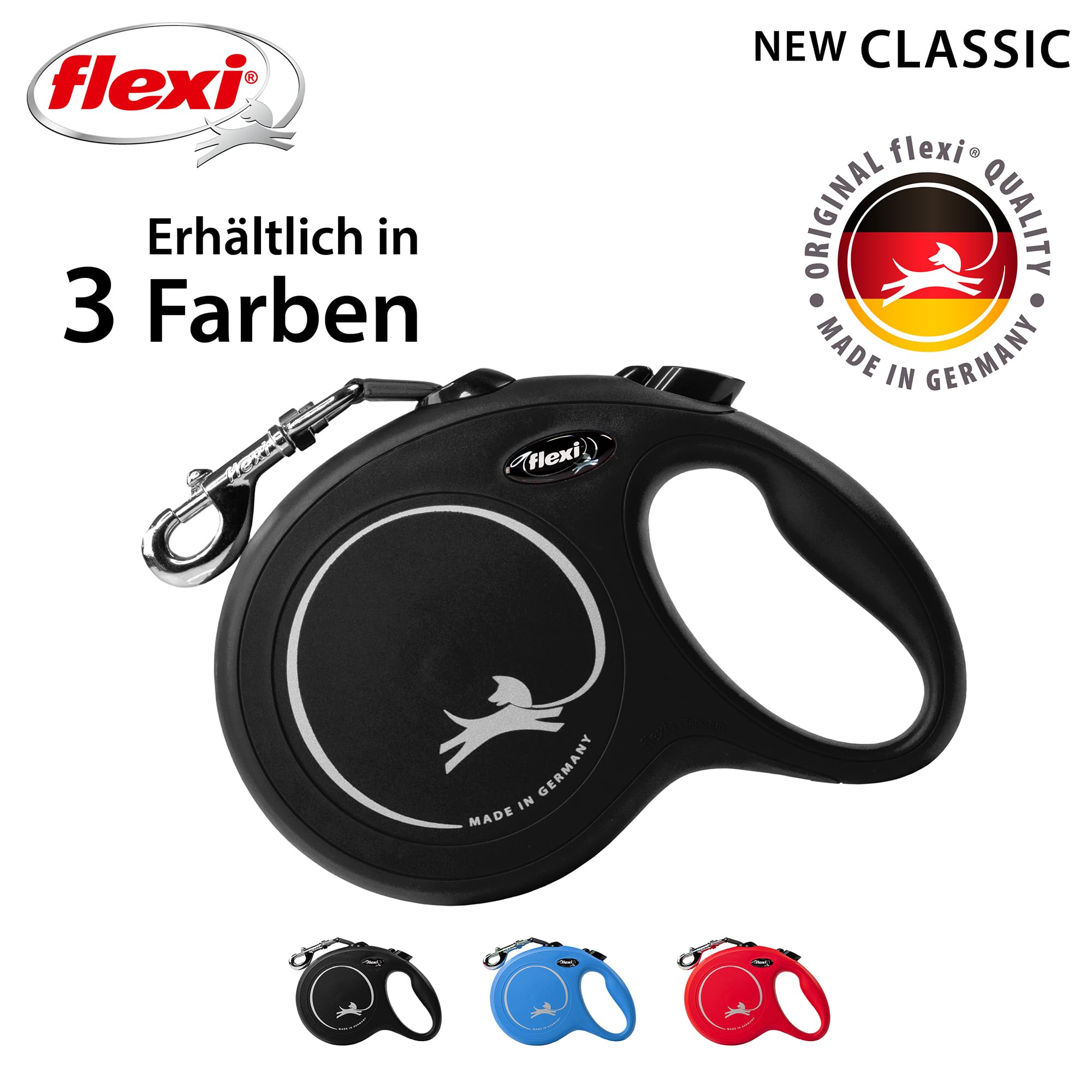 FLEXI New Classic Cinta Retráctil para Perros Grandes – 26 ft (8 m), Negro | Calidad Alemana y Freno con Una Mano