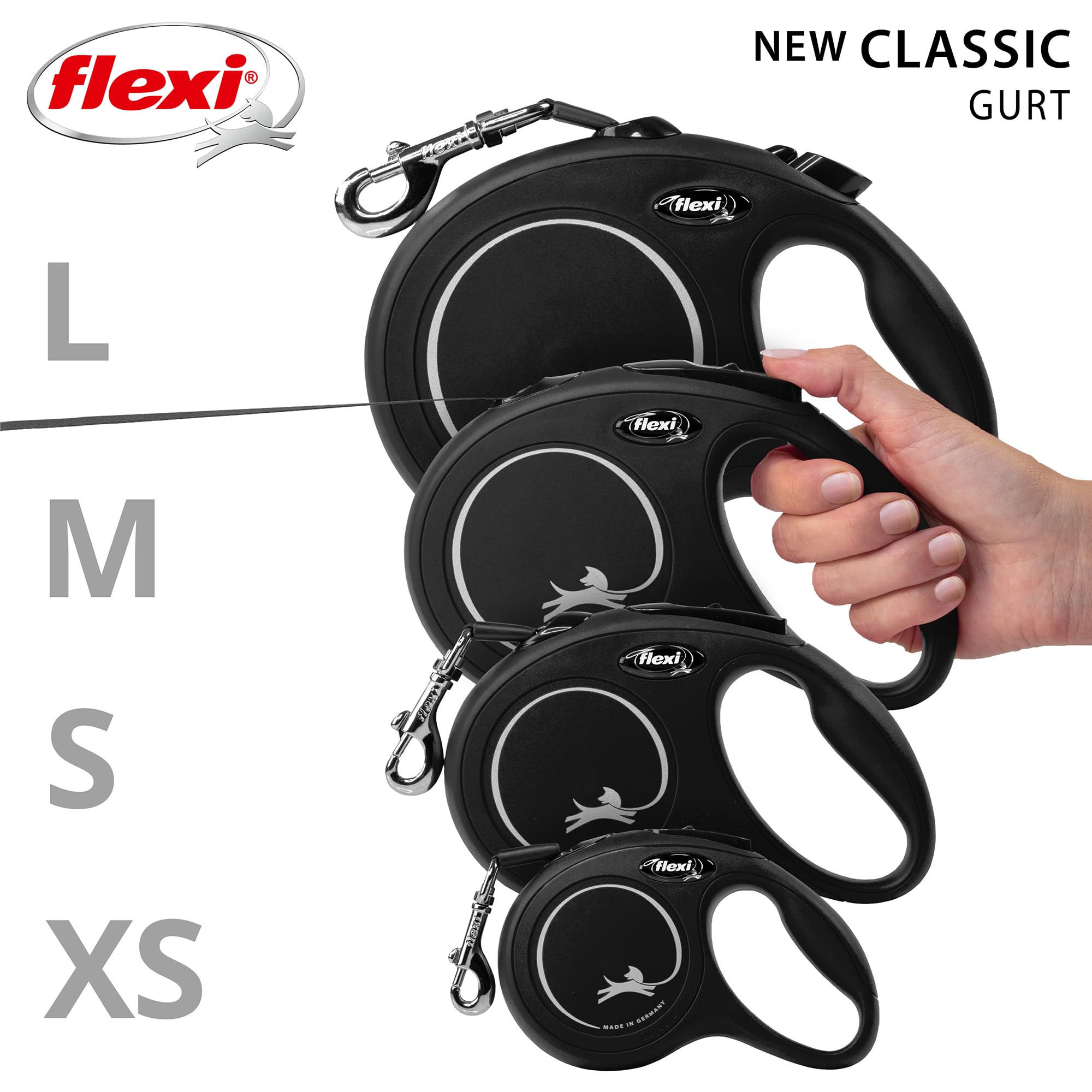 FLEXI New Classic Cinta Retráctil para Perros Grandes – 26 ft (8 m), Negro | Calidad Alemana y Freno con Una Mano