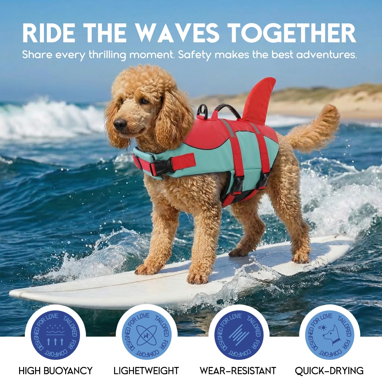 ASENKU Chaleco Salvavidas para Perro – Diseño Tiburón/Sirena, Tamaño M (Rojo-Verde)