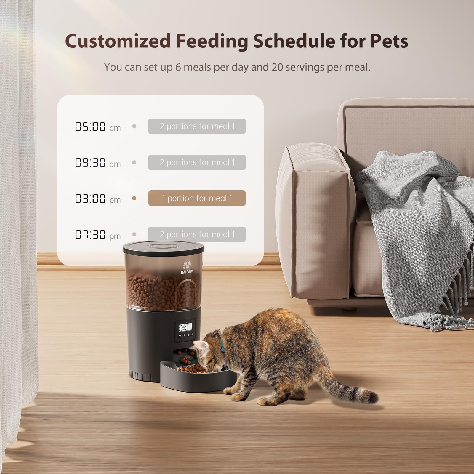 IMIPAW alimentador automático mostrando programación de seis comidas diarias
