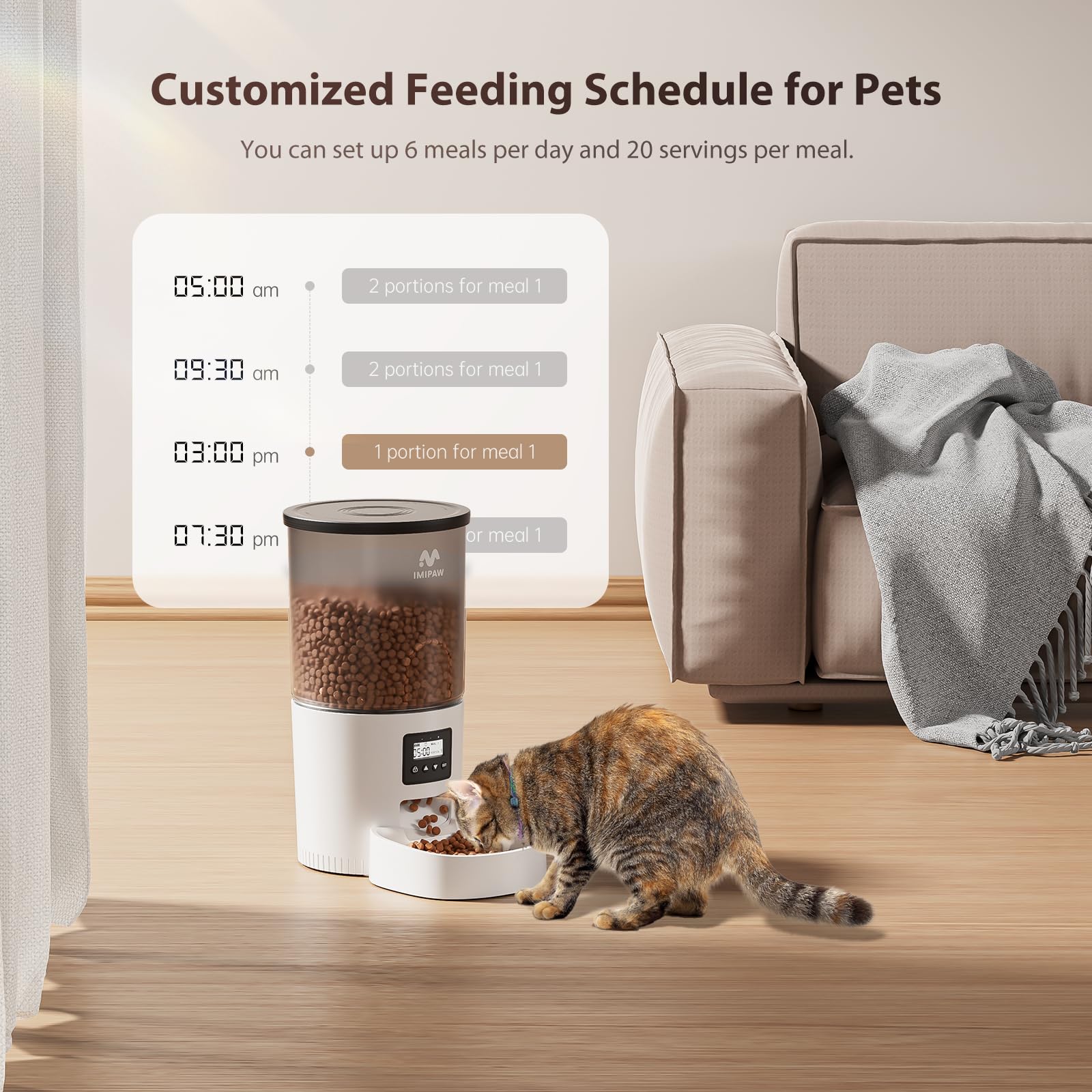 IMIPAW capacidad 5L de alimento para gatos, ideal para mantener la rutina sin recargas constantes.