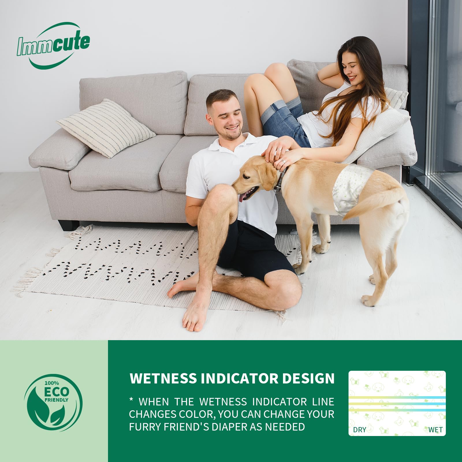 IMMCUTE ajuste seguro de panales para perros macho sin restringir movimiento.
